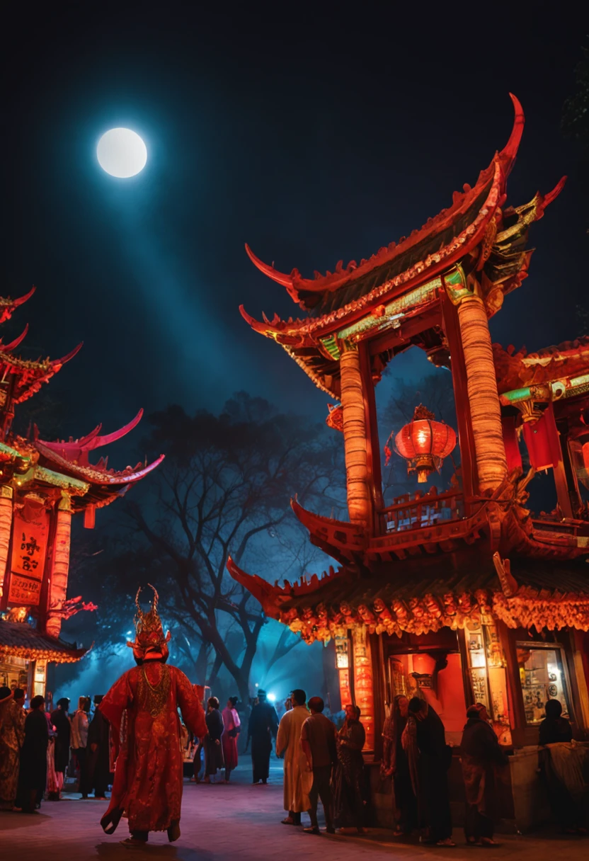 "Envision a mesmerizing scene of the 'Night Parade of One Hundred Demons' in exquisite detail, representing a masterpiece of artistry and quality. Capture the essence of this supernatural procession with vibrant colors, intricate designs, and nuanced lighting. Emphasize the dynamic movement and energy of the demons, showcasing their diverse appearances and unique attributes. Illuminate the night with ethereal glow and mysterious shadows, evoking a sense of wonder and awe. Enrich the atmosphere with elements like fog, moonlight, and flickering lanterns. Let this extraordinary spectacle unfold in a richly detailed setting, featuring a bustling street adorned with traditional architecture and symbolic motifs. May this be a breathtaking fusion of mythology, tradition, and artistic brilliance."