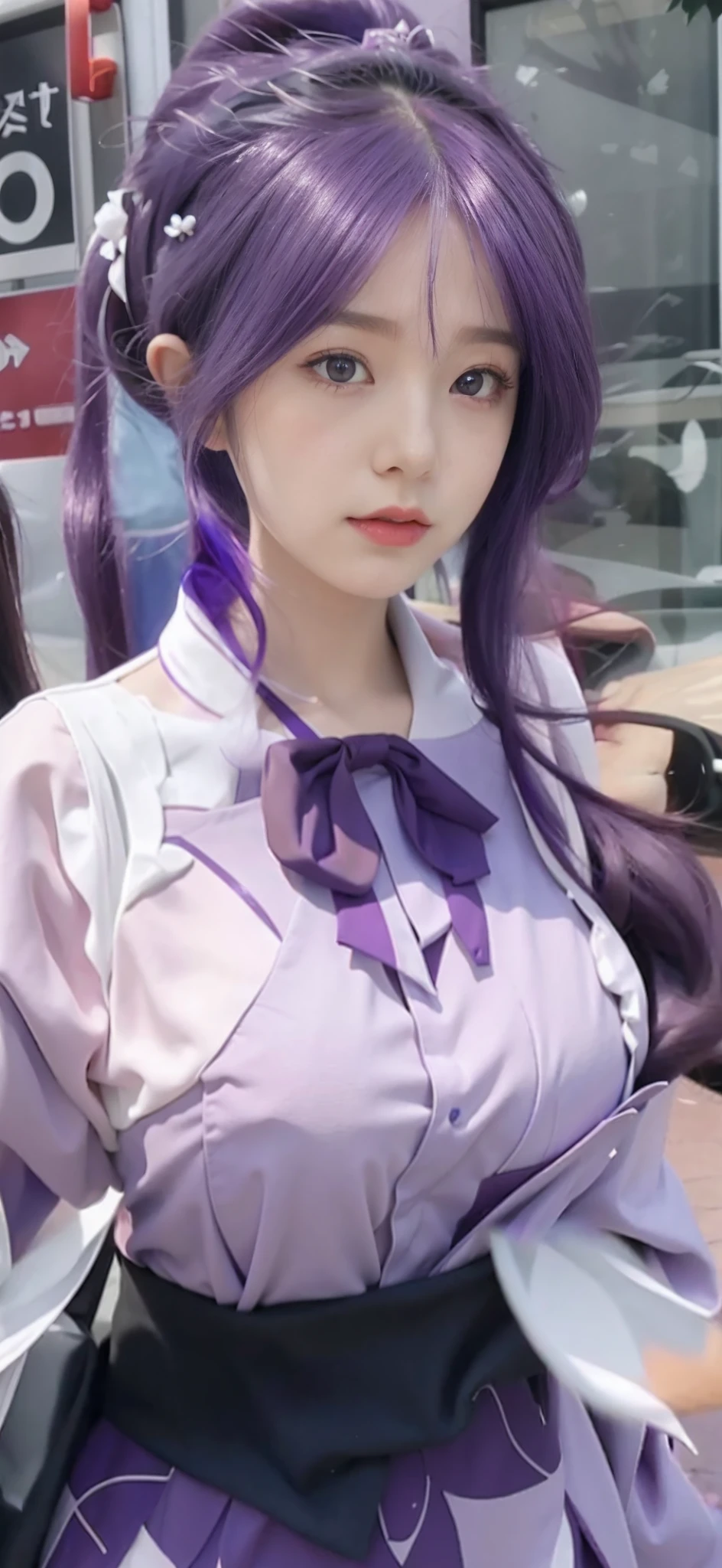 Purple hair color，Anime girl posing for photo in white with hair color as white, Anime girl cosplay, full body white purple cloak, purple eyes and white dress, Anime cosplay, full body purple and white cloak, dressed with long fluent clothes, sakimichan, cosplay foto, cosplay, Anime girl in real life, white and purple, full-cosplay,
