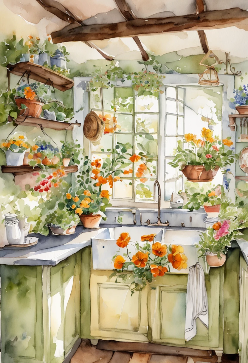 there is a kitchen with a table and a sink and a window, cottagecore hippie, cottagecore, cottagecore!!, with flowers and plants, with colorful flowers and plants, small kitchen, cute kitchen, romantic greenery, kitchen, nature and floral aesthetics, retro vintage and romanticism, house kitchen on a sunny day, decorated with flowers