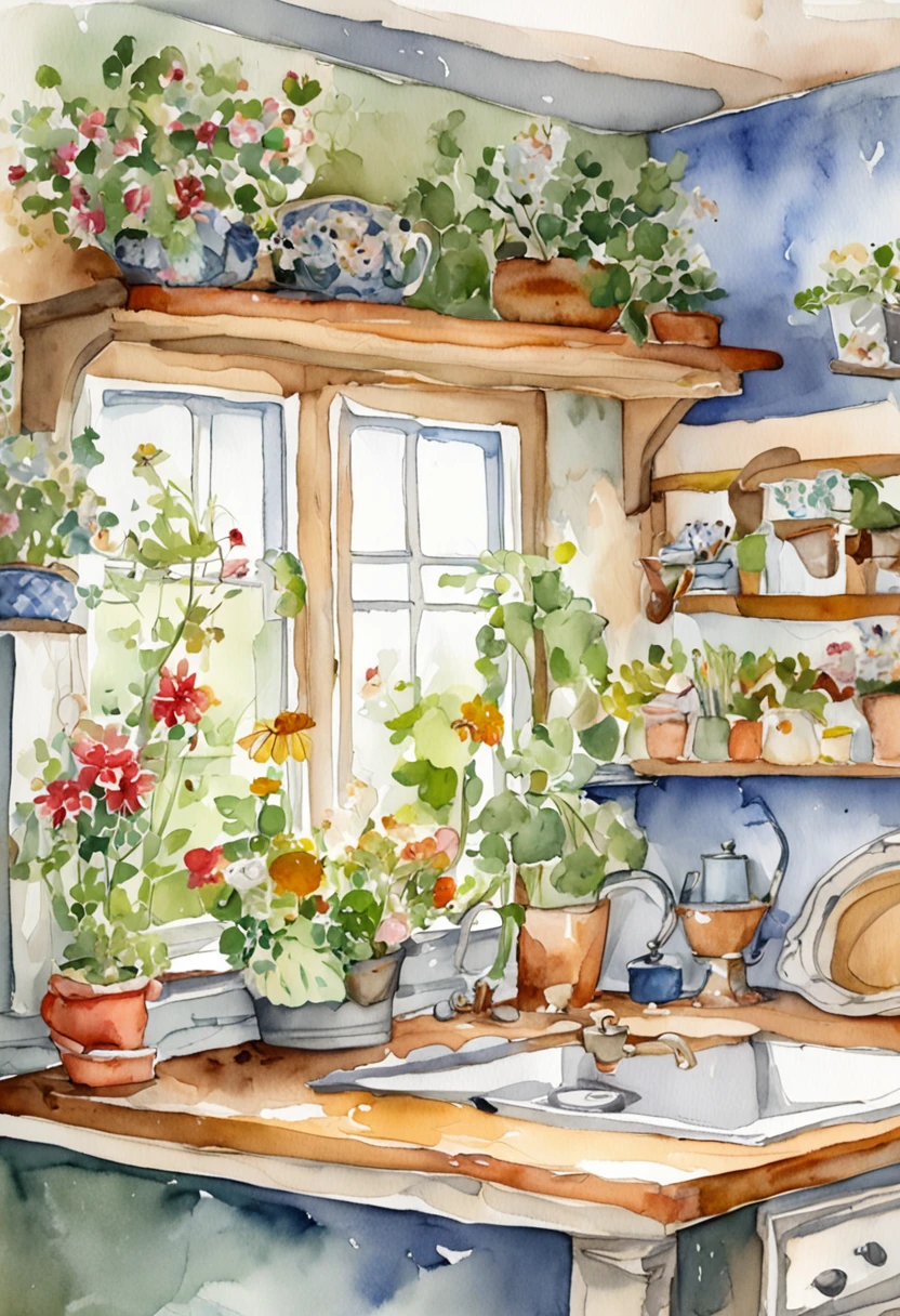 there is a kitchen with a table and a sink and a window, cottagecore hippie, cottagecore, cottagecore!!, with flowers and plants, with colorful flowers and plants, small kitchen, cute kitchen, romantic greenery, kitchen, nature and floral aesthetics, retro vintage and romanticism, house kitchen on a sunny day, decorated with flowers