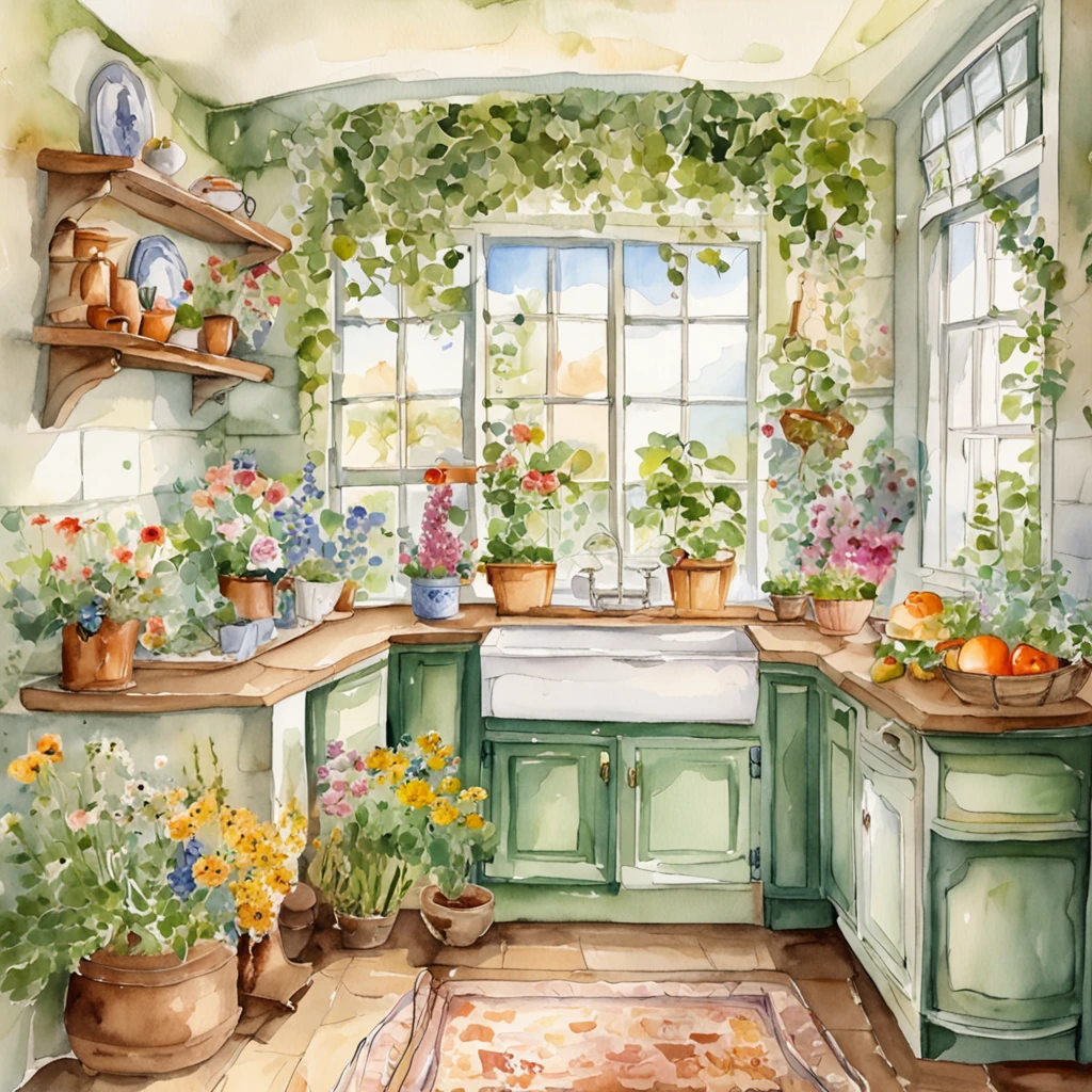 there is a kitchen with a table and a sink and a window, cottagecore hippie, cottagecore, cottagecore!!, with flowers and plants, with colorful flowers and plants, small kitchen, cute kitchen, romantic greenery, kitchen, nature and floral aesthetics, retro vintage and romanticism, house kitchen on a sunny day, decorated with flowers