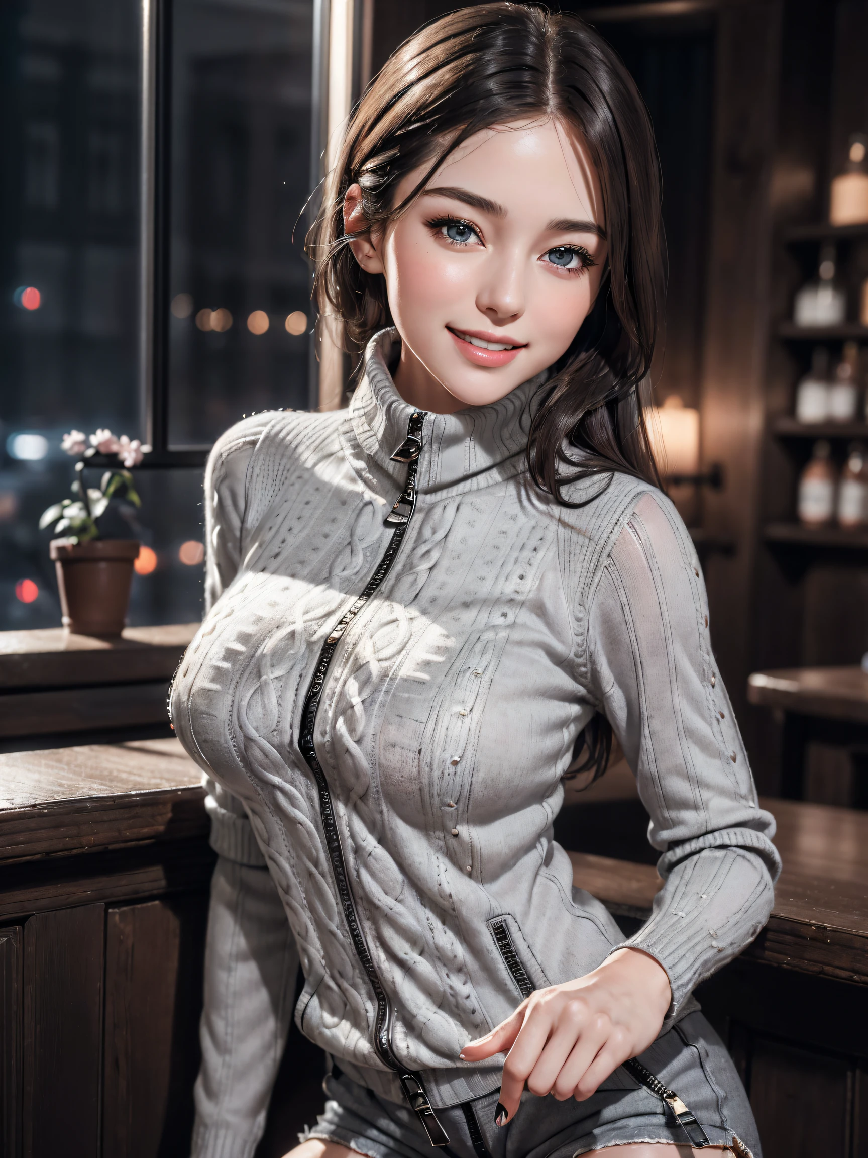(1girl:1.3, solo), (((night situation:1.5))), (Masterpiece, best quality, photorealistic, highres, photography, :1.3), ultra-detailed, sharp focus, professional photo, commercial photo, (upper body:1.3, bust-up portrait), (starring the viewer:1.3) BREAK, 1 brunette girl, solo, European girl, hot model, highly detailed eyes and pupils, realistic skin, (attractive body, large breast:1.25, thin waist:1.15), thin half-up hair, single hair, extremely detailed hair, delicate sexy face, sensual gaze, shiny lips, BREAK, (wearing a light-grey zip-up turtleneck sweater:1.3), (shorts:1.3), BREAK, (indoor, antique house:1.25, at rouge:1.25, gorgeous antique house, blurry background:1.25, simple background, dark room:1.2, in the dark, low key), (attractive posing), ((realistic, super realistic, realism, realistic detail)), perfect anatomy, perfect proportion, bokeh, depth of field, hyper sharp image, (attractive emotion, seductive smile:1.2, happy:1.2, blush:1.2, :d:1.2, :p:1.2), 4fingers and thumb, perfect human hands, (professional studio soft light, cinematic light, bar light, rim lighting, low key, in the dark),