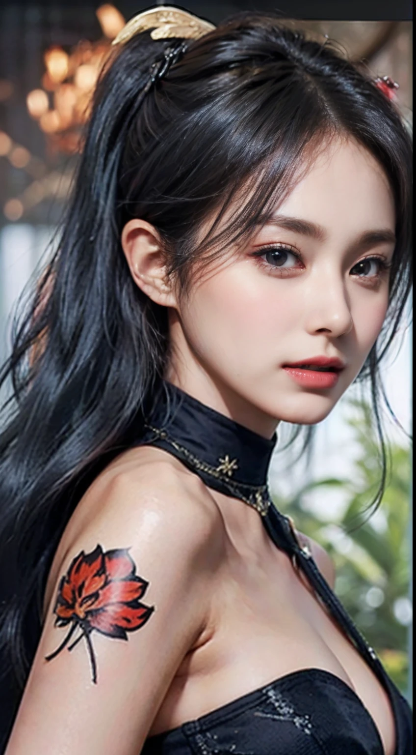 vibrant colors, female, masterpiece, sharp focus, best quality, depth of field, cinematic lighting, white hair, red eyes, braid, dress, long hair, red eyes, tattoo, earrings, jewelry, black dress, hair ornament, bangs, chinese clothes, breasts, china dress, sleeveless, 