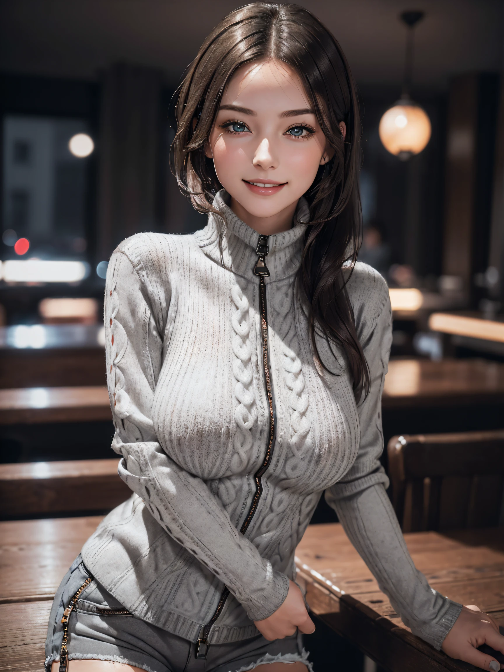 (1girl:1.3, solo), (((night situation:1.5))), (Masterpiece, best quality, photorealistic, highres, photography, :1.3), ultra-detailed, sharp focus, professional photo, commercial photo, (upper body:1.3, bust-up portrait), (starring the viewer:1.3) BREAK, 1 brunette girl, solo, European girl, hot model, highly detailed eyes and pupils, realistic skin, (attractive body, large breast:1.25, thin waist:1.15), thin half-up hair, single hair, extremely detailed hair, delicate sexy face, sensual gaze, shiny lips, BREAK, (wearing a light-grey zip-up turtleneck sweater:1.3), (shorts:1.3), BREAK, (indoor, antique house:1.25, at rouge:1.25, gorgeous antique house, blurry background:1.25, simple background, dark room:1.2, in the dark, low key), (attractive posing), ((realistic, super realistic, realism, realistic detail)), perfect anatomy, perfect proportion, bokeh, depth of field, hyper sharp image, (attractive emotion, seductive smile:1.2, happy:1.2, blush:1.2, :d:1.2, :p:1.2), 4fingers and thumb, perfect human hands, (professional studio soft light, cinematic light, bar light, rim lighting, low key, in the dark),