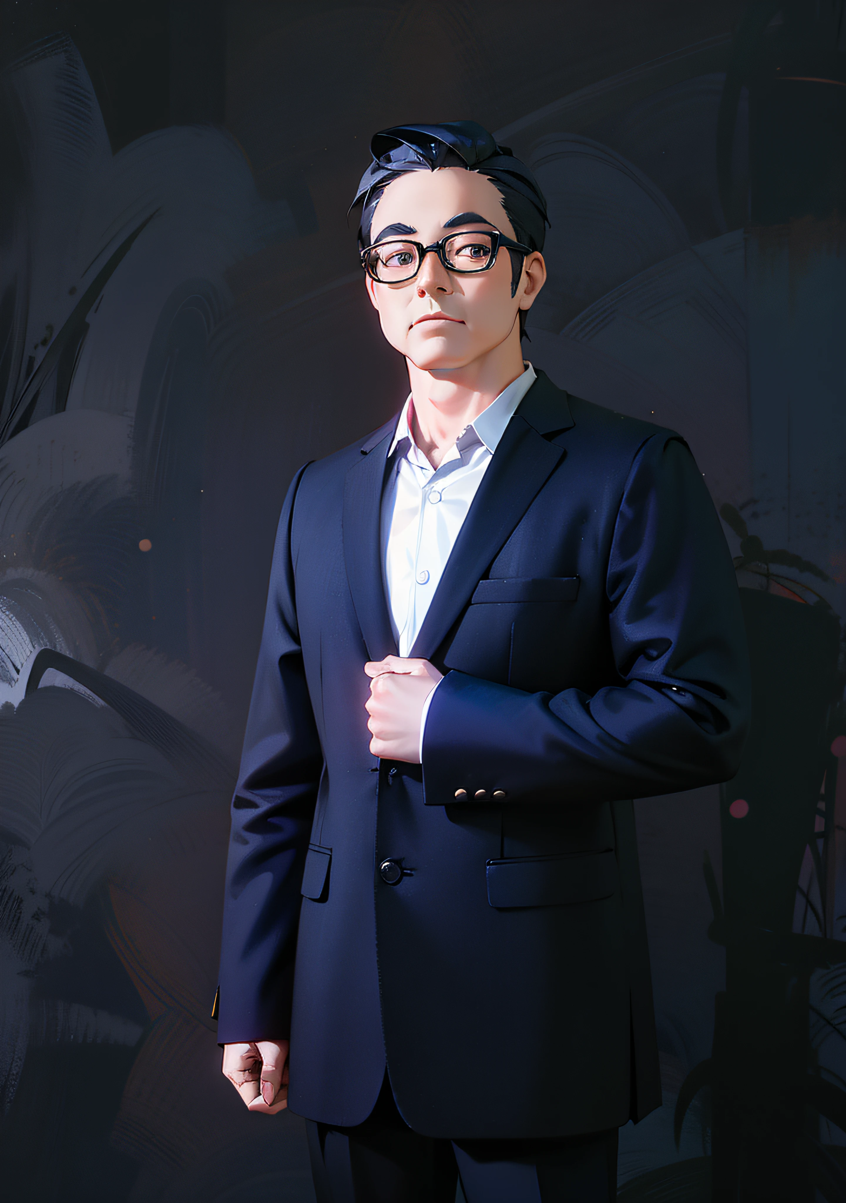 Man posing for photo in suit and glasses,wears glasses，advanced digital chibi art, style as nendoroid, live2d virtual youtuber model, Anime boy, chibiStyle, anime styled 3d, anime chibi, anime style character, style of anime4 K, thancred waters in style of wlop, official character art, From Arknights, anime figure