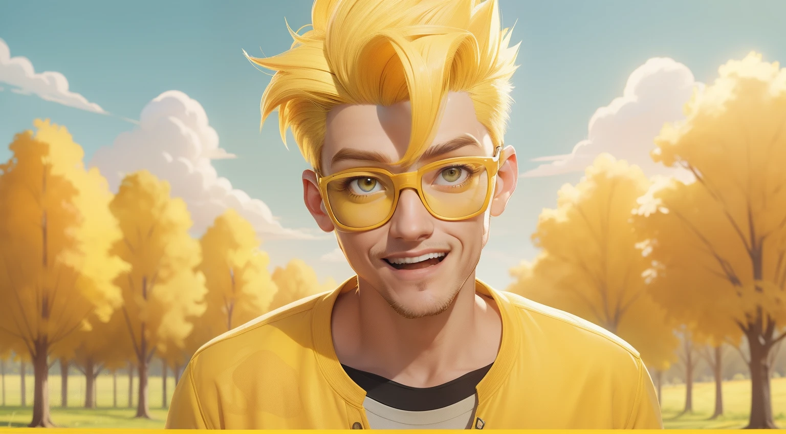 man with yellow hair, wearing yellow glasses,yellow clothes, talking, with a field background,with trees in the background ,sunny sky, pixar disney cartoon style