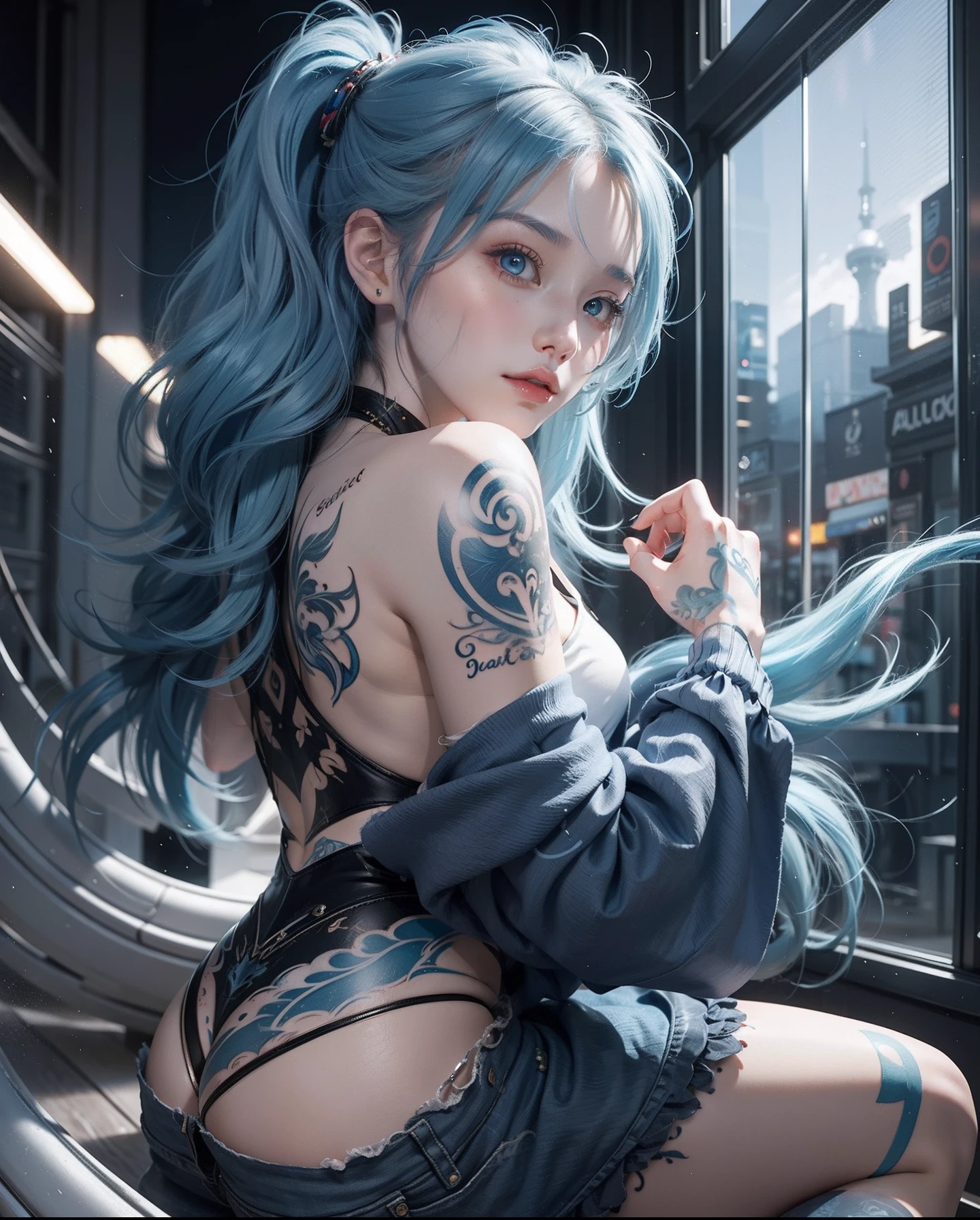 Ultra-high definition 2D art, close-up (1 woman), light blue hair, 2D animation style, soft and delicate depiction, attention also on her full-body tattoos (full-body art), landscape mode, masterpieces by Guweiz and James Jean, tattoo expert designs by CGSCOSITY, etc. A beautiful blue-haired girl who became a hot topic at the trend art station of Japan.