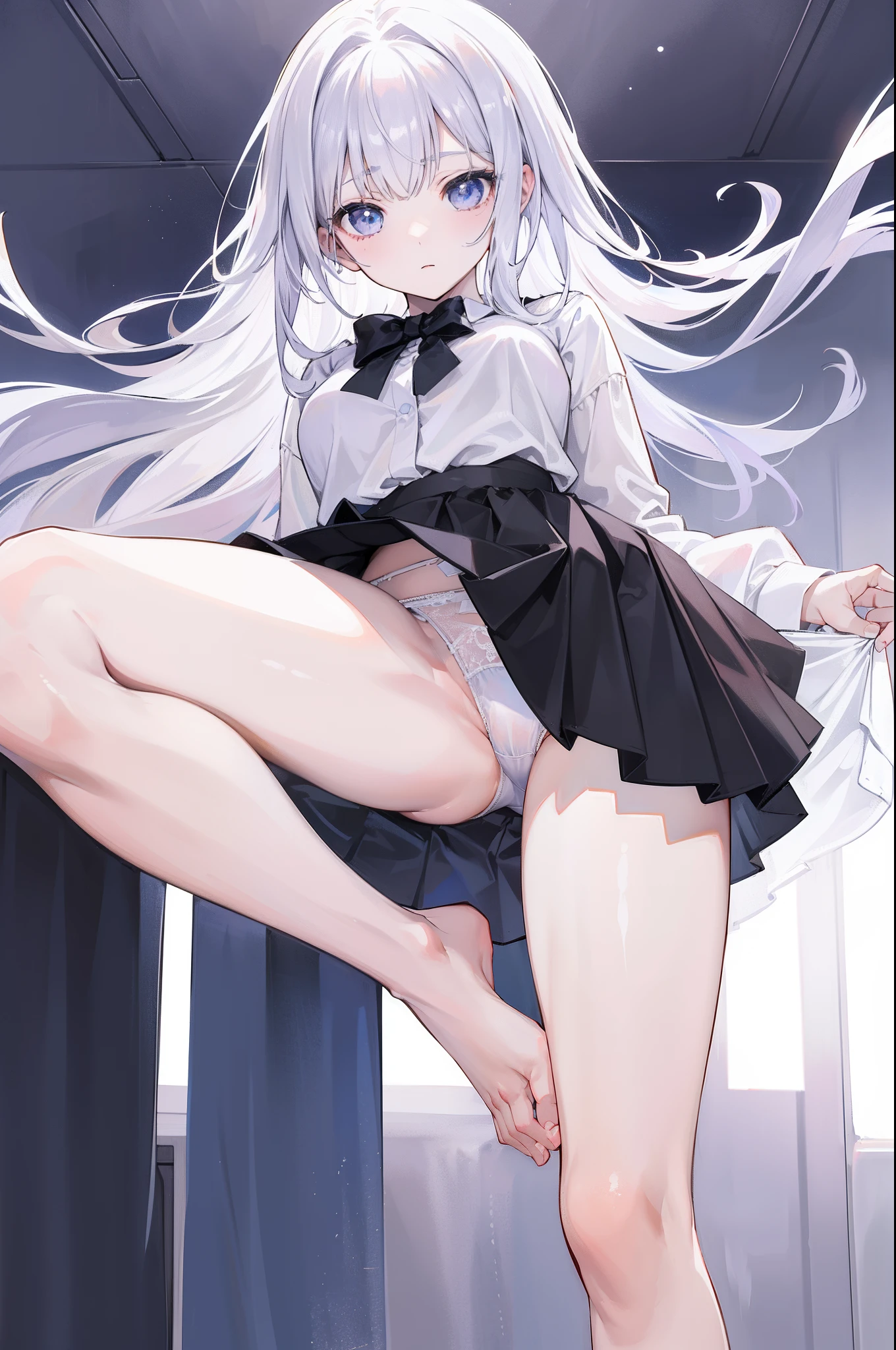 1girll,white panties、Bare legs、beauitful face、adult face,perfectly proportions、Long feet、spread their legs,Panties visible from under skirt、Lift the skirt,Photographically realistic from below, very high res, look from down,Show off your panties with your legs open, See panties, black micro skirt