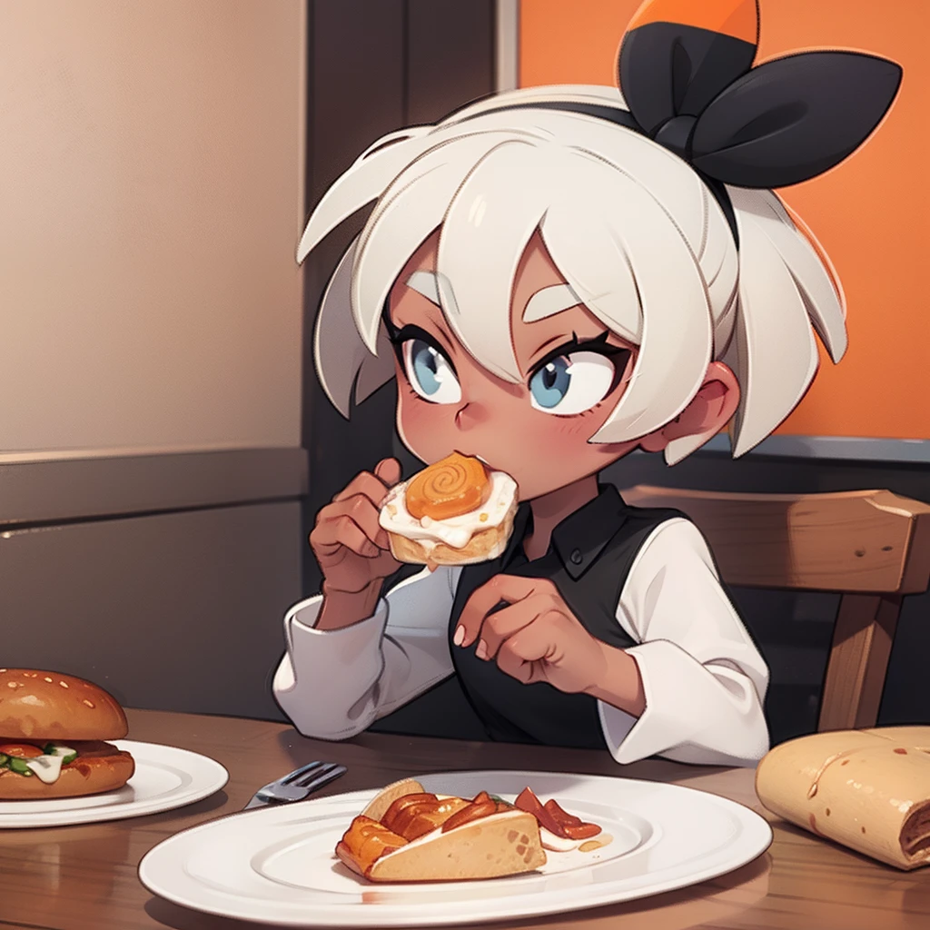 Bea eating, white hair