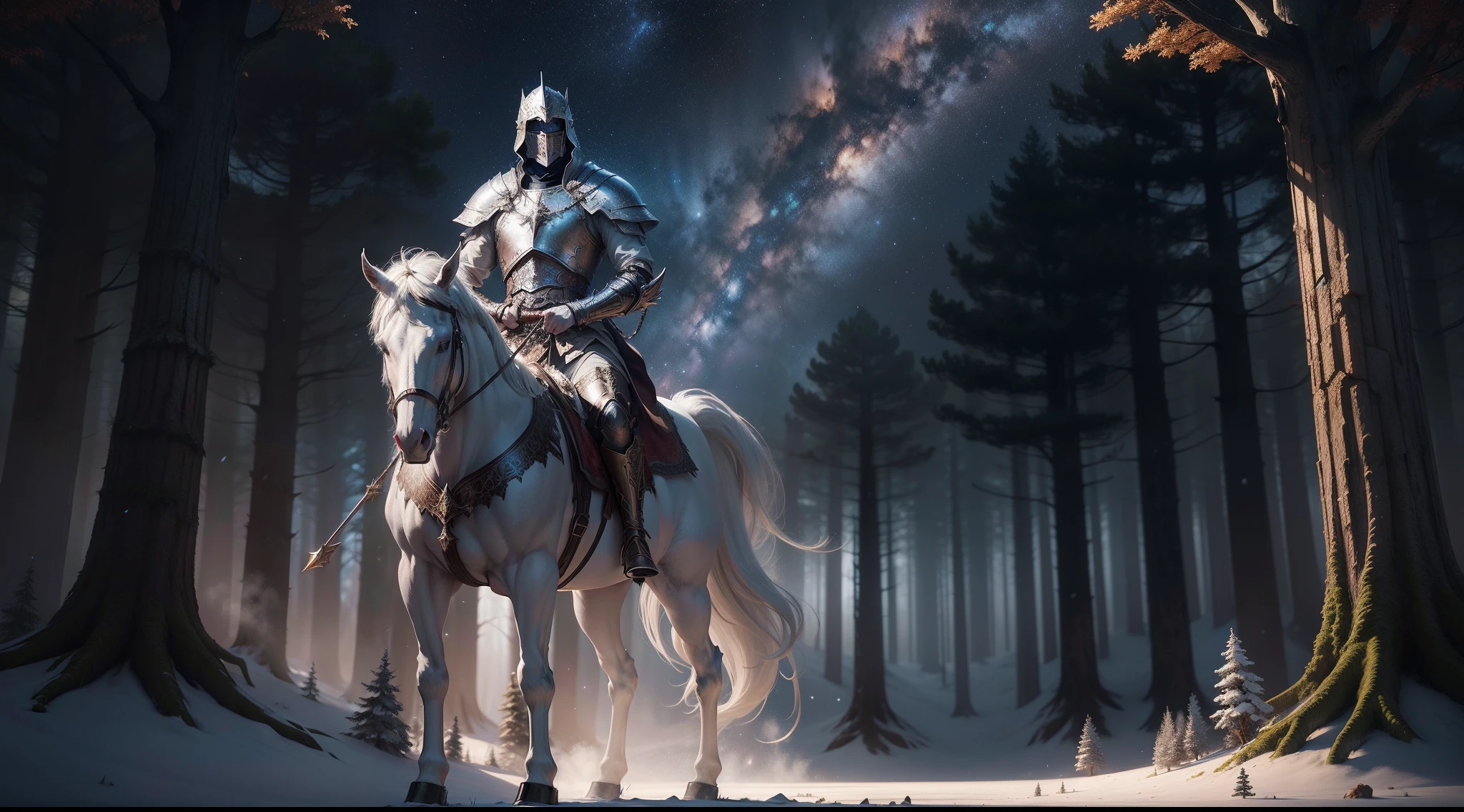 white knight at a magical forest, starry sky, autumn, medieval fantasy, epic dreamlike fantasy, 4k highly detailed digital art, 4k hd matte digital painting