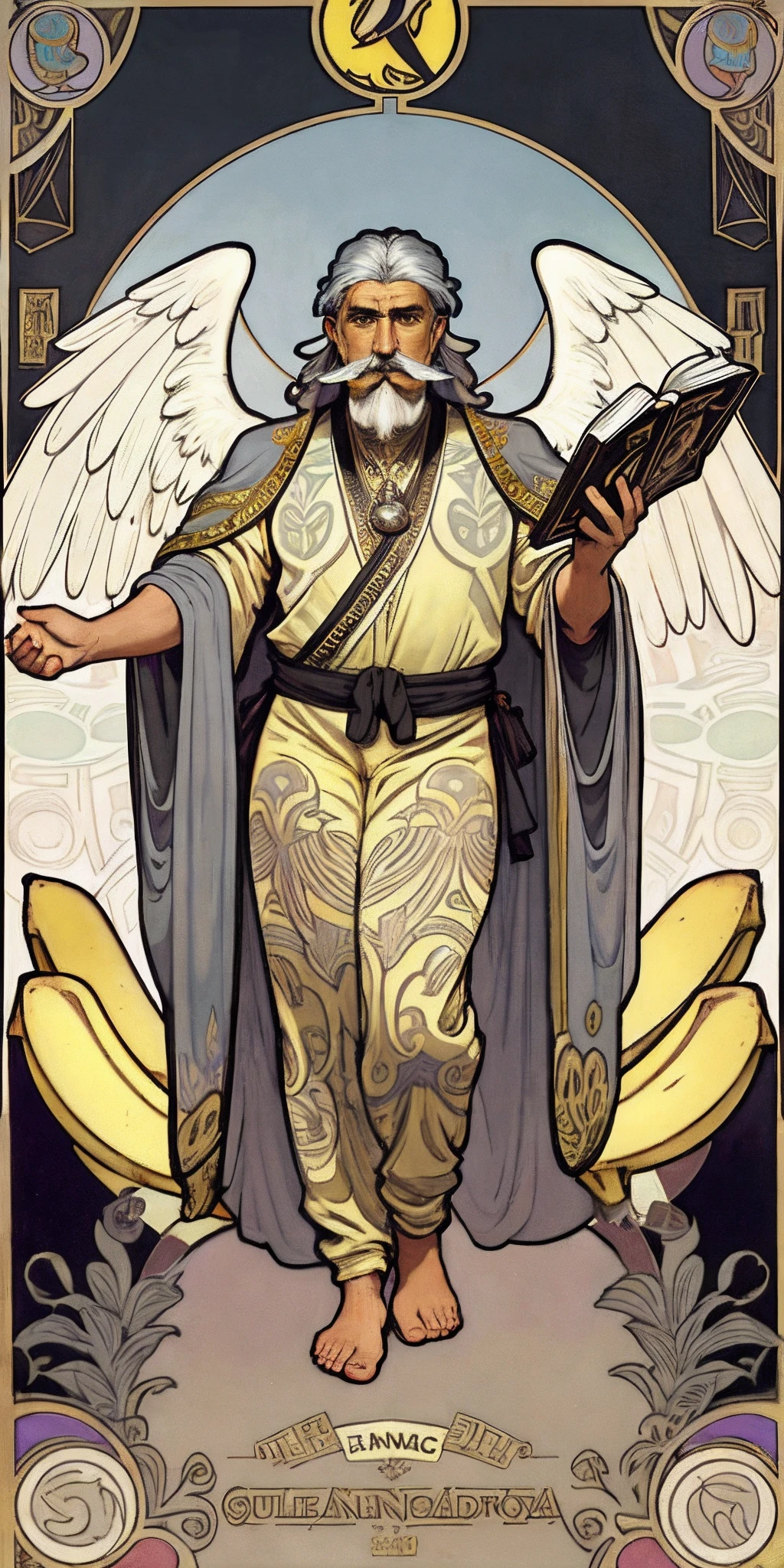 1male angel holding a thick book in his left hand, large wings, 55yo, gray mustache, long gray hair tied back, (art by Alfons Mucha), 
(((Banana motif on the background))), ((Best Quality, tmasterpiece)), Extreme detailing, 8K
