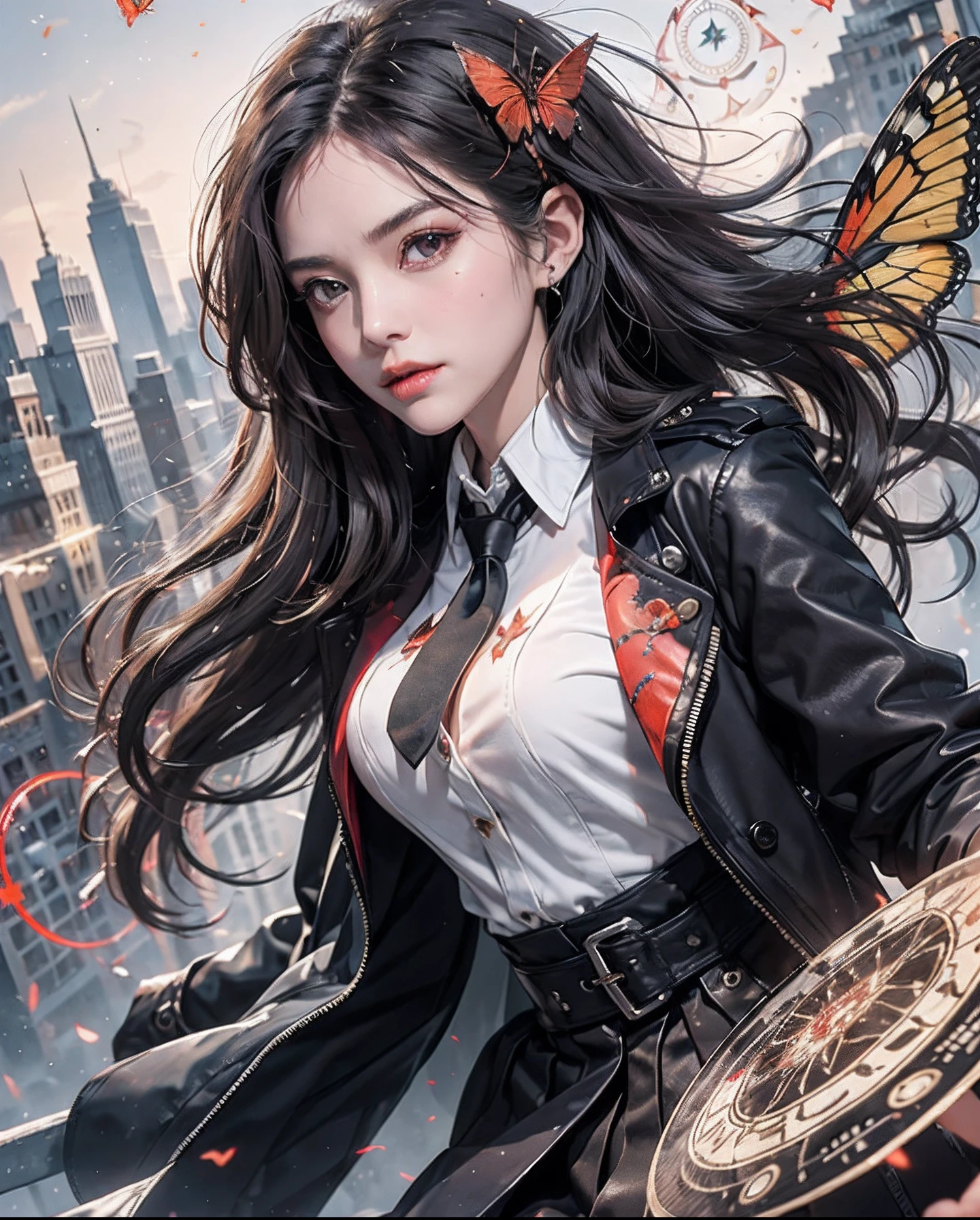 masterpiece, (top-quality:1.1), (1girl in), 独奏, cowboy shot, (finely detailed eyes and detailed face:1.3), (illustratio:1.1), Depth Fields, (extremely fine and beautiful:1.1), (black trench coat+Black vest with beautiful details+white shirt:1.1 + Black tie+a black skirt+Black flowers on the head+Black Gloves)、(white_hair + Medium_hair + Wavy_hair)、(red eyes:1.1)、Small_Medium chest、 Eye lashes, , pale skin, evil smile, Beautiful detailed decaying little city+Detailed ruins, Many objects, beautiful and clear background:1.2, Rebel, Move ki, ((Red butterfly flies|Around the character:1.3 + Red light particles:1.15), ((Complete magic circle:1.3)), Many objects、high-heels、