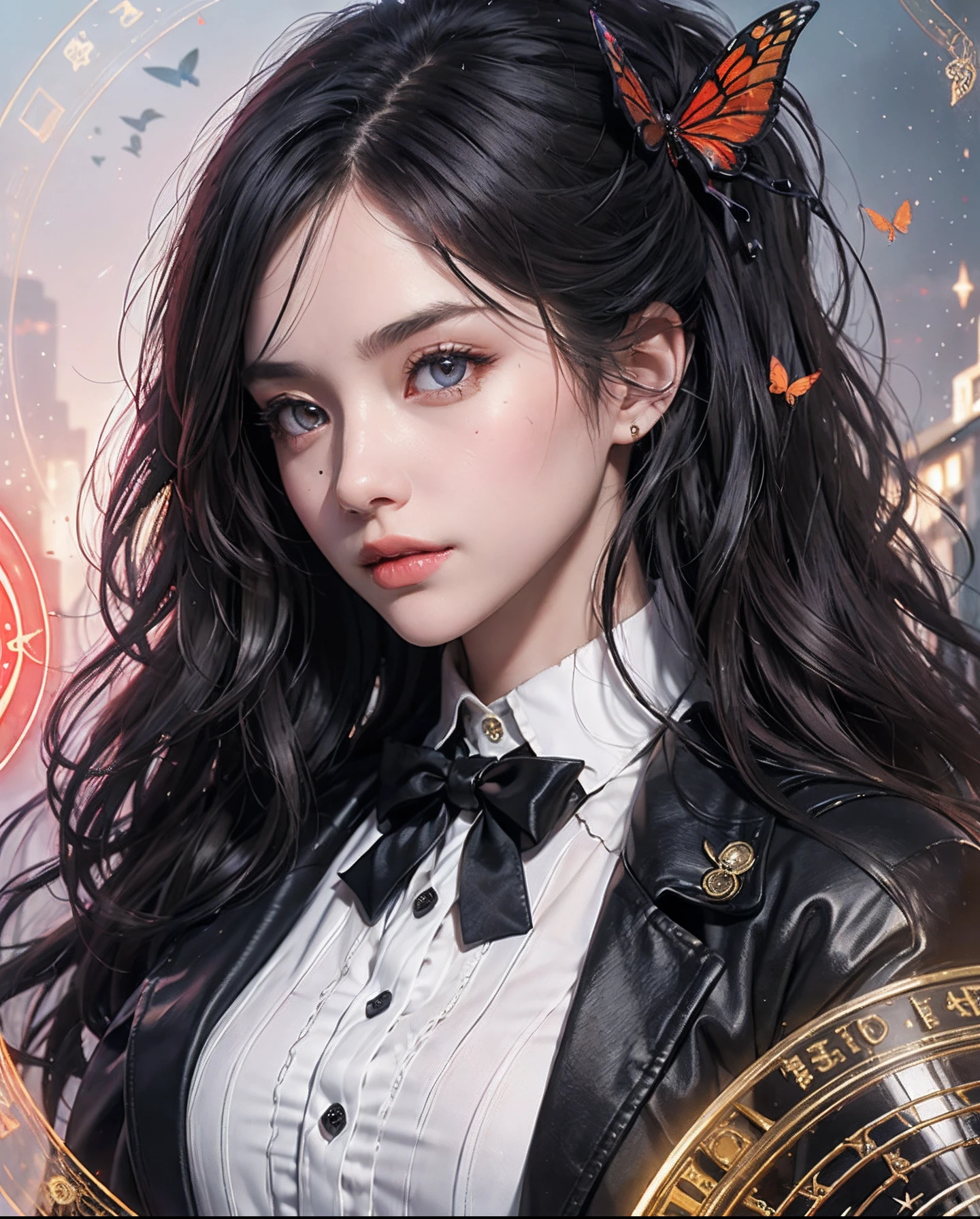 ​masterpiece, (top-quality:1.1), (1girl in), 独奏, cowboy  shot, (finely detailed  eyes and detailed face:1.3), (illustratio:1.1), Depth Fields, (extremely fine and beautiful:1.1), (black trench coat+Black vest with beautiful details+white  shirt:1.1 + Black tie+a black skirt+Black flowers on the head+Black Gloves)、(white_hair + Medium_hair + Wavy_hair)、(red eyes:1.1)、Small_Medium chest、 Eye lashes, , pale skin, evil smile, Beautiful detailed decaying little city+Detailed ruins, Many objects, beautiful and clear background:1.2, Rebel, Move ki, ((Red butterfly flies|Around the character:1.3 + Red light particles:1.15), ((Complete magic circle:1.3)), Many objects、high-heels、