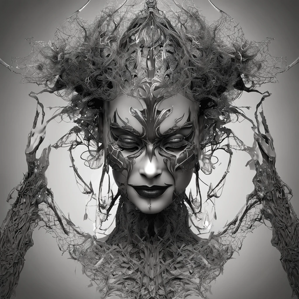 Intricate 3D rendering of the beautiful angel of death、biomechanical cyborg、Analog 150mm lens、Nice natural soft edge light、Neon veins、Root、Delicate leaf lace、Color details、Boris Bidjan Saberi costume、Pearl earrings、nipple piercing、Art Nouveau fashion embroidery、intricately details、Mesh lines、Mandelbrot fractal、face muscles、electric cables、micro Chip、lotr、hyper realisitc、octane，Volumetriclighting，8K and post-production，Red white with a bit of black，Metal skeleton detail，Half-human，irridescent，Glenn Brown style，Futuristic room、The power of God、high-angle shot、Complex body posture，chinesedragon，Chinese Phoenix