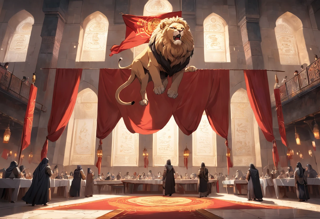 9th-century Arabian People dining and shockingly looking up surprised, inside a giant high-ceiling 9th-century Arabian castle dining room with flags curtains on all sides that have a lion printed on each one of them. a great beautiful lion jumping out of a flag curtain that has a lion printed on it