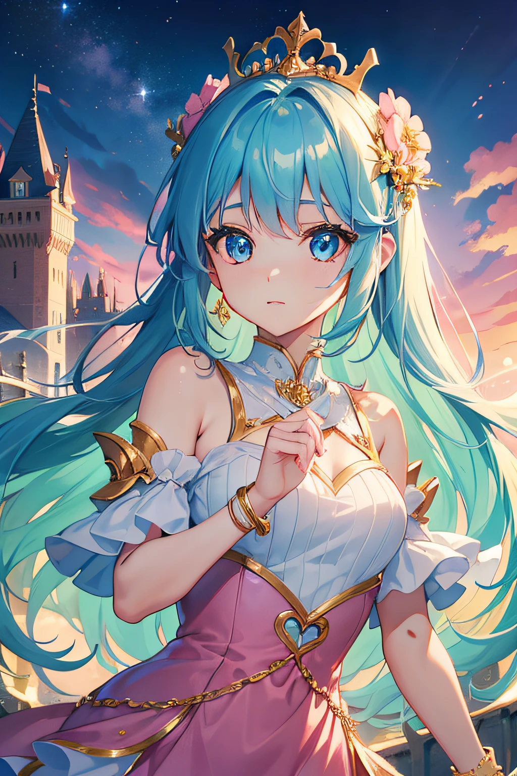 1girl in、(​masterpiece:1.1)、(top-quality:1.1)、pink  dress、Princess、break[green grass:pink there:0.5]theme、(Urban background:1.1)、denim lens、Break Silver、Long、greeneye、Delicate golden tiara、sideways Facing、Blue hair、natta、abajour、Castles