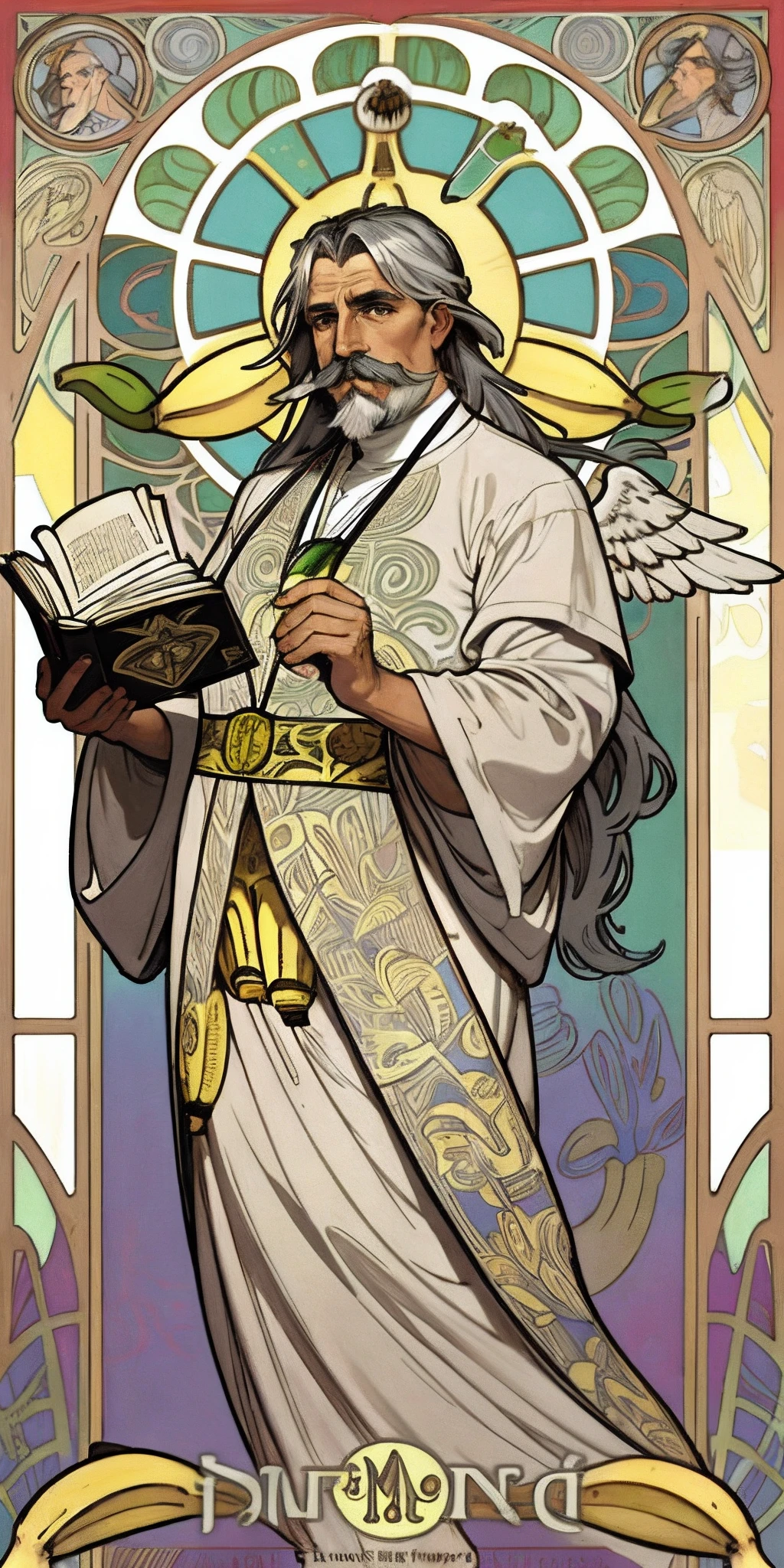 1male angel holding a thick book in his left hand, large wings, 55yo, gray mustache, long gray hair tied back, (art by Alfons Mucha),
(((Banana motif on the background))), ((Best Quality, tmasterpiece)), Extreme detailing, 8K