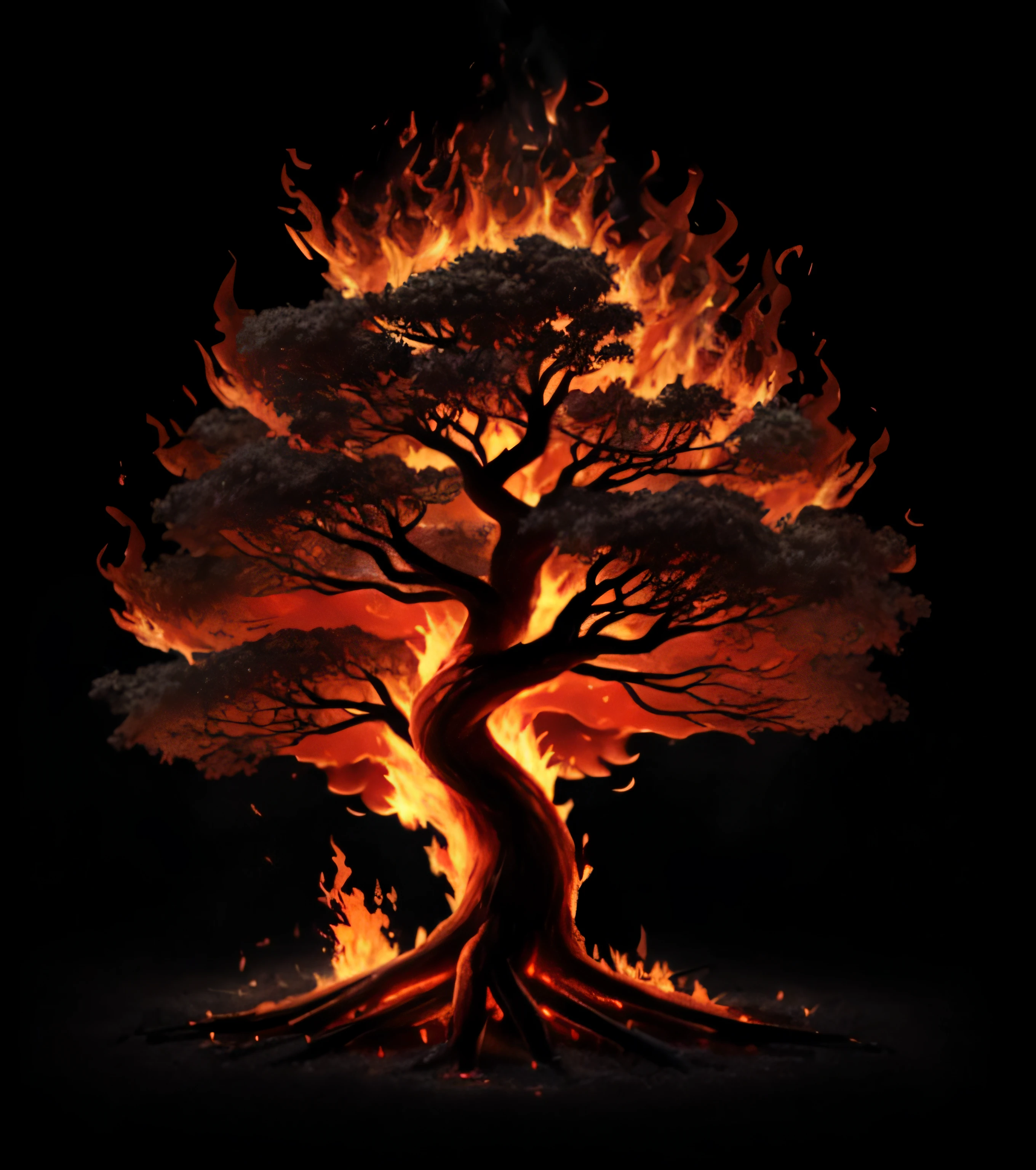 Arafed tree with fire in the dark with a black background, the tree of life, completamente composto por fogo, burning trees, corpo de fogo puro, (fire), fantasy tree, fires!! hiper-realista, Tree of Life, tree of life seed of doubt, uma floresta flamejante, fogo bonito, blazing fire, no plano elementar do fogo