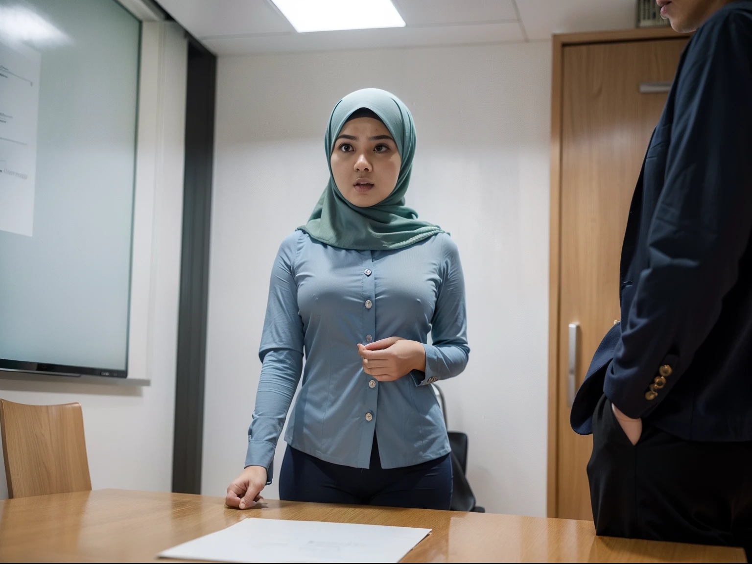 mira filzah standing angrily  in meeting room angry, both hand on desk, angry pose, angry face, meeting room, morning, (mira filzah:1.3), wearing hijab, pastel color hijab, blue pastel office outfit, blue suits, small tits, small breast, flat chest, wide waist, thick thighs, bright lighting, white lighting,