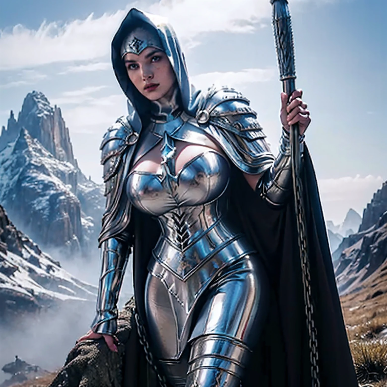 (masterpiece, top quality, best quality, official art, beautiful and aesthetic:1.2), (1girl:1.3), light freckles, fair skin, extremely detailed, portrait, looking at viewer, solo, (full body:0.6), detailed background, close up, (warm grasslands theme:1.1), holy paladin knight, charlatan, smirk, mysterious, swaying in mountains, modest attire, ornate white and gold armor, cowl, nun hood, wimple, cowl, robe, chain mail, chainmail, leggings, chainmail leggings, chain mail leggings, breastplate, tabard, gorget, hood, pauldrons, greaves, armored, long boots, longsword, shield, cape, cloak, white fabric, pale leather, ((((gigantic breasts)))), slim waist, slim hips, long legs, medieval (mountain exterior:1.1) background, dark mysterious lighting, shadows, magical atmosphere, dutch angle,