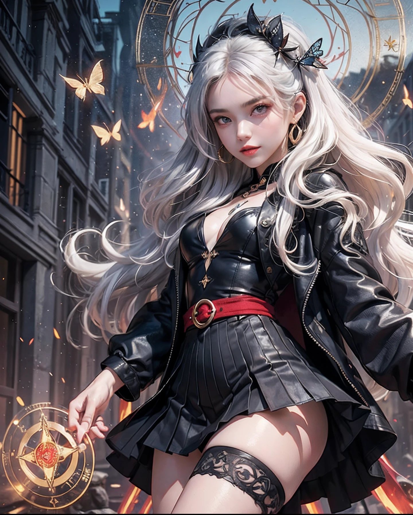 masterpiece, (top-quality:1.1), (1girl in), 独奏, cowboy shot, (finely detailed eyes and detailed face:1.3), (illustratio:1.1), Depth Fields, (extremely fine and beautiful:1.1), (black trench coat+Black vest with beautiful details+white shirt:1.1 + Black tie+a black skirt+Black flowers on the head+Black Gloves)、(white_hair + Medium_hair + Wavy_hair)、(red eyes:1.1)、Small_Medium chest、 Eye lashes, , pale skin, evil smile, Beautiful detailed decayed small city+Detailed ruins, Many objects, beautiful and clear background:1.2, Rebel, Move ki, ((Red butterfly flies|Around the character:1.3 + Red light particles:1.15), ((Complete magic circle:1.3)), Many objects、high-heels、Gold Anklet、Earring、