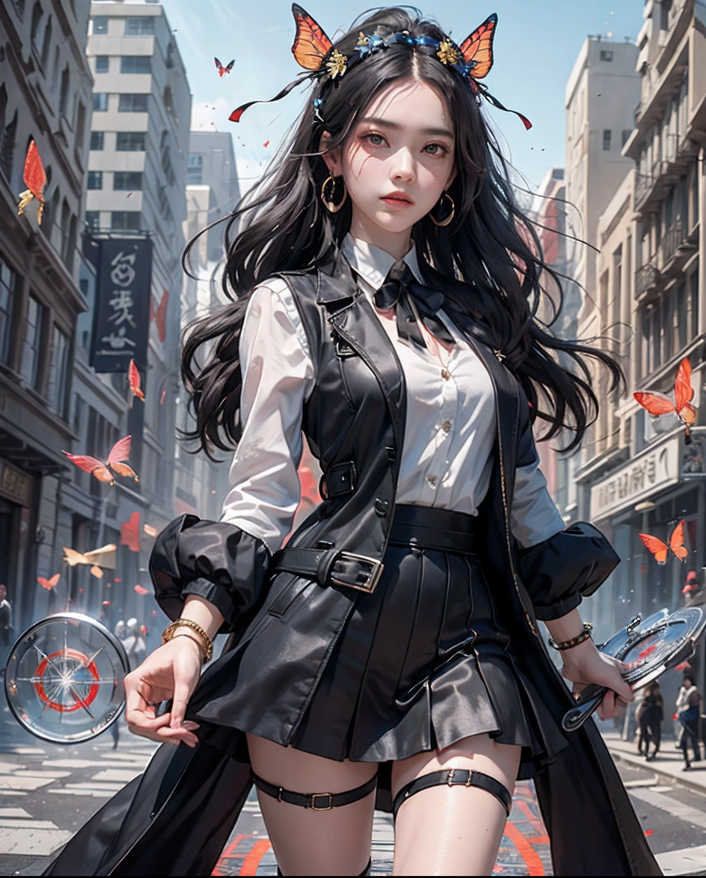 masterpiece, (top-quality:1.1), (1girl in), 独奏, cowboy shot, (finely detailed eyes and detailed face:1.3), (illustratio:1.1), Depth Fields, (extremely fine and beautiful:1.1), (black trench coat+Black vest with beautiful details+white shirt:1.1 + Black tie+a black skirt+Black flowers on the head+Black Gloves)、(white_hair + Medium_hair + Wavy_hair)、(red eyes:1.1)、Small_Medium chest、 Eye lashes, , pale skin, evil smile, Beautiful detailed decayed small city+Detailed ruins, Many objects, beautiful and clear background:1.2, Rebel, Move ki, ((Red butterfly flies|Around the character:1.3 + Red light particles:1.15), ((Complete magic circle:1.3)), Many objects、high-heels、Gold Anklet、Earring、