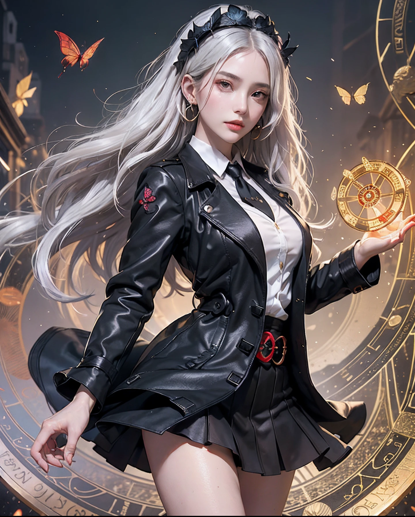 masterpiece, (top-quality:1.1), (1girl in), 独奏, cowboy shot, (finely detailed eyes and detailed face:1.3), (illustratio:1.1), Depth Fields, (extremely fine and beautiful:1.1), (black trench coat+Black vest with beautiful details+white shirt:1.1 + Black tie+a black skirt+Black flowers on the head+Black Gloves)、(white_hair + Medium_hair + Wavy_hair)、(red eyes:1.1)、Small_Medium chest、 Eye lashes, , pale skin, evil smile, Beautiful detailed decayed small city+Detailed ruins, Many objects, beautiful and clear background:1.2, Rebel, Move ki, ((Red butterfly flies|Around the character:1.3 + Red light particles:1.15), ((Complete magic circle:1.3)), Many objects、high-heels、Gold Anklet、Earring、