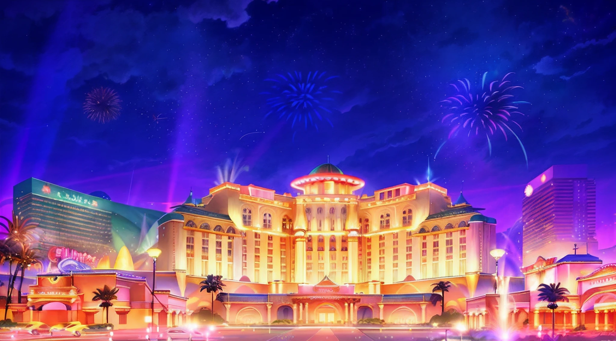 Fireworks are set off over a large hotel, palace background, background artwork, arte de fundo, colorful anime movie background, Anime background art, art deco outrun anime aesthestic, universal background, rendering of beauty pageant, game background, grand finale, amazing background, Magnificent background, ballroom background, 2 0 2 0 s promotional art, highschool background