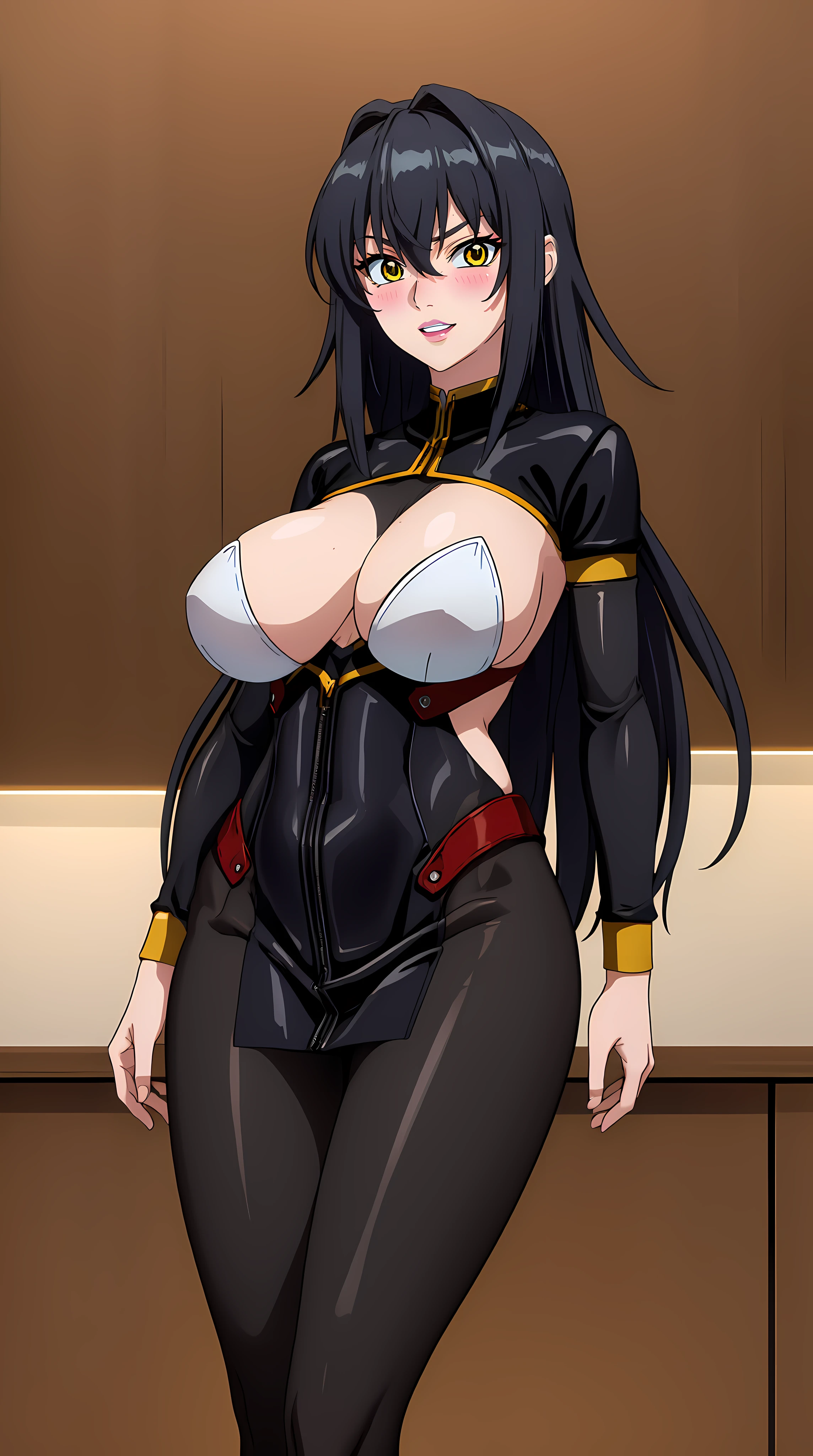 professional artwork, Intricate Details, sharp focus, detailed painting, photorealistic lighting, trending on pixiv, Standing at attention, ((black outfit ,yellow collared shirt,black and red bodysuit,skin_tight,black legwear, black pantyhose, Side_boob)), (((fully suited:1.5))) black hair,very long hair, Bangs,yellow eyes,makeup, lipstick, 40yo,mature female,Beautiful Finger,Beautiful long legs,Beautiful body,Beautiful Nose,Beautiful character design, perfect eyes detail, perfect face, looking at viewer,official art,extremely detailed CG unity 8k wallpaper, perfect lighting,Colorful, Bright_Front_face_Lighting, (masterpiece:1.0),(best_quality:1.0), ultra high res,ultra-detailed, photography, 8K, HDR, highres, absurdres:1.2, Kodak portra 400, film grain, blurry background, bokeh:1.2, lens flare, (vibrant_color:1.2) (Beautiful,large_Breasts:1.4), (beautiful_face:1.5),(narrow_waist), (solo:1.4), ((cowboy shot:1.4, closeup)), annerose:1, (blushing, shy, tsundere:1),