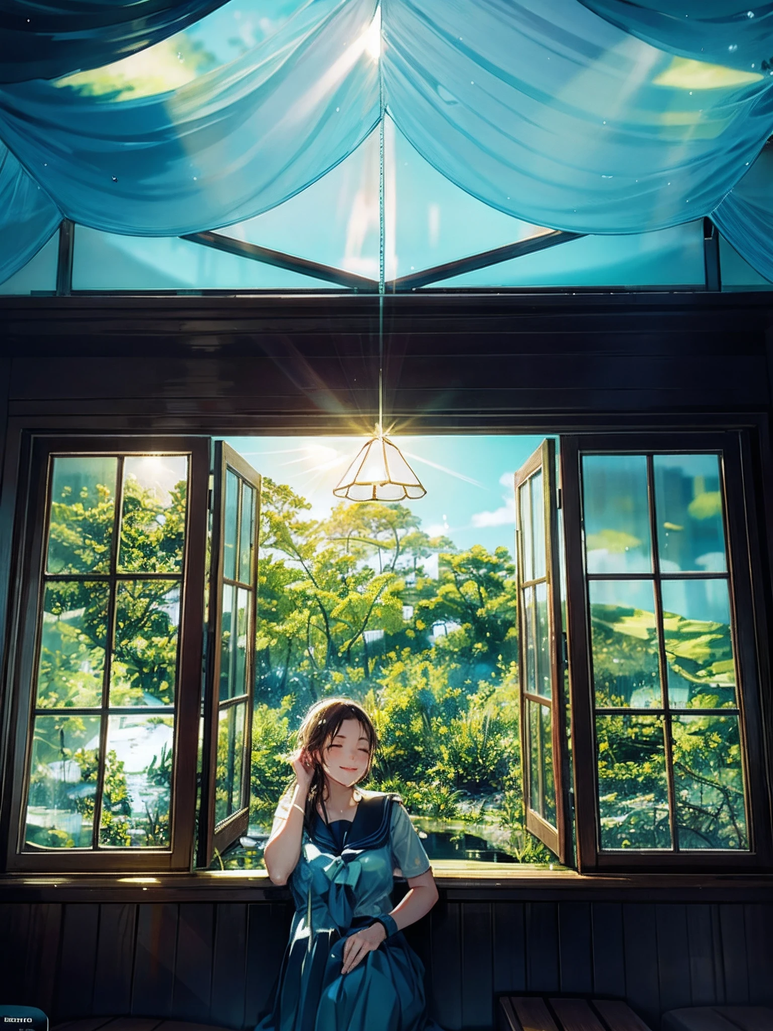 1girl, sitting, pond scenery, light beam, particles, (blurry background), dramatic lighting, wet, dappled sunlight, smile, eyes closed, from above, serafuku, no face error