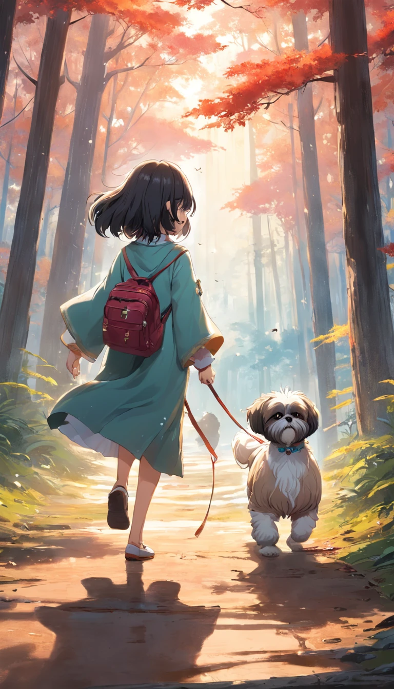 tutor e sua shih tzu passeando no bosque