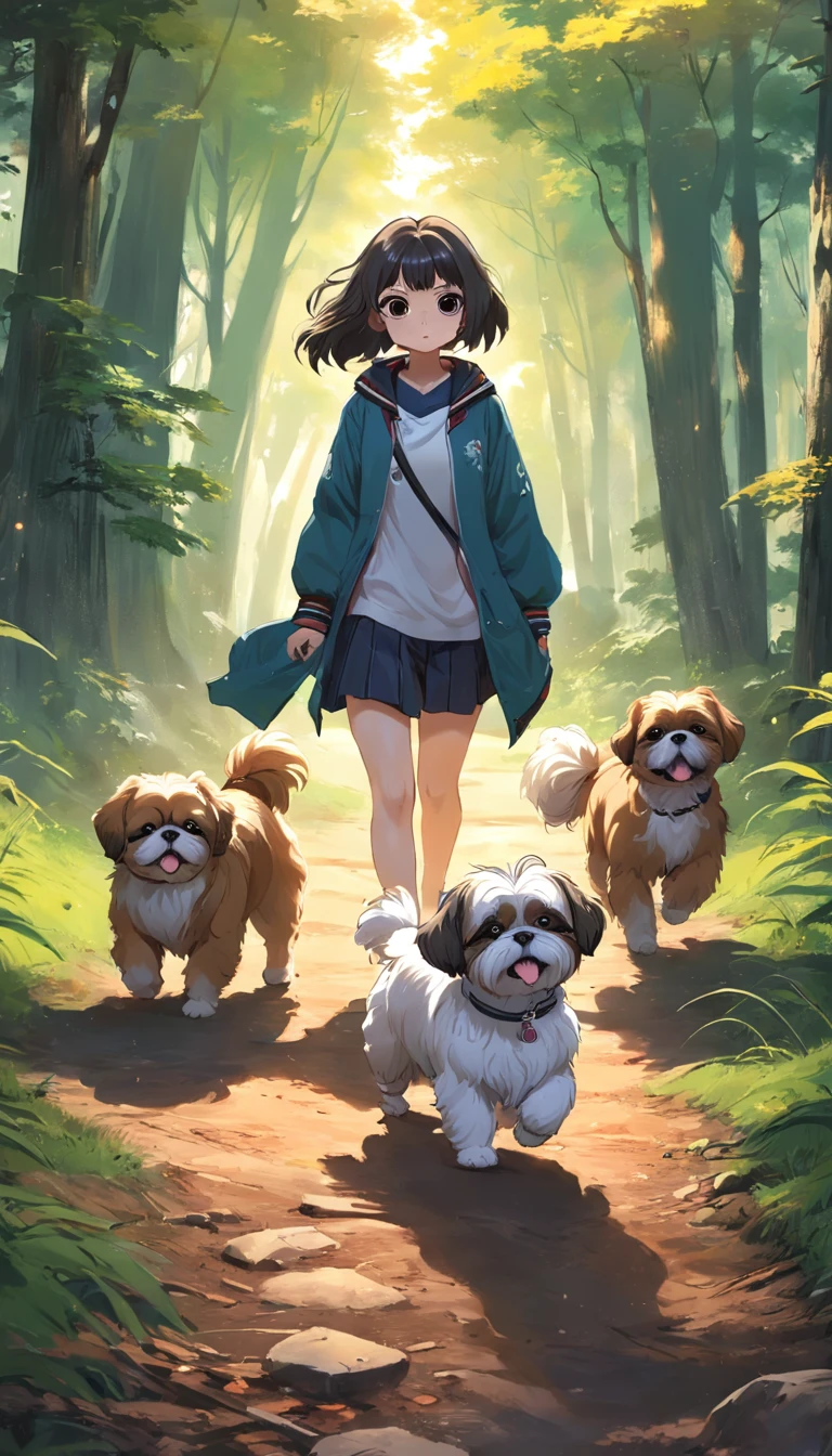 tutor e sua shih tzu passeando no bosque