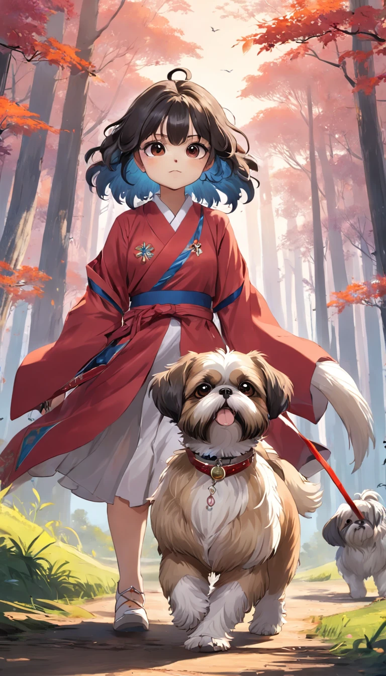 tutor e sua shih tzu passeando no bosque
