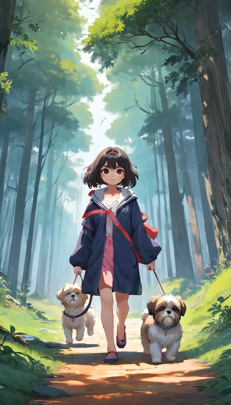 tutor e sua shih tzu passeando no bosque