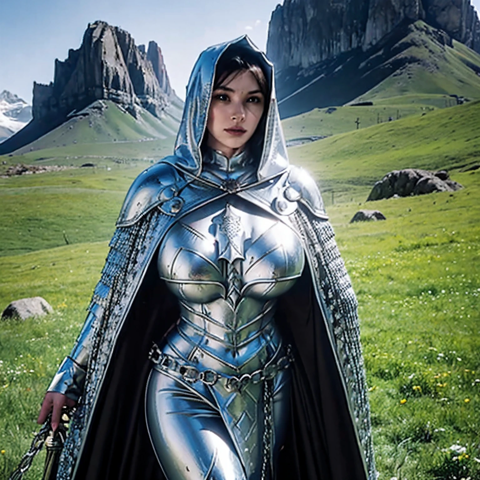 (masterpiece, top quality, best quality, official art, beautiful and aesthetic:1.2), (1girl:1.3), ((Sharp facial features, sharp features, hawkish features)), ((blue eyes)), busty paladin knight girl, extremely detailed, portrait, looking at viewer, solo, (full body:0.6), detailed background, full-body shot, (warm mountain meadow theme:1.1), holy knight, (nun), charlatan, smirk, mysterious, swaying in mountains, armor, polished metal, gold trim, long boots, white fabric, pelvic curtain, robe, pale leather, ((((nun, holy aura, corona, mace, heavy armor, armored, long legs, pelvic curtain, toned, muscular, chainmail)))), slim waist, slim hips, long legs, medieval (mountain exterior:1.1) background, dark mysterious lighting, shadows, magical atmosphere, dutch angle