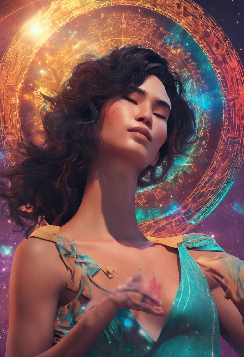 Sunny male goddess, The upper part of the body。Starlight in the background。, black hair, light smile, Hyperrealism, anaglyph, textured skin, textured skin