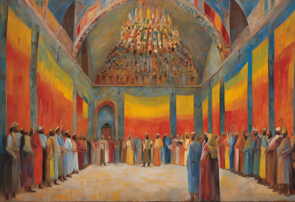 9th-century Arabian People dining and shockingly looking up surprised, inside a giant high-ceiling 9th-century Arabian castle dining room with flags curtains on all sides that have a lion printed on each one of them. a great beautiful lion jumping out of a flag curtain that has a lion printed on it