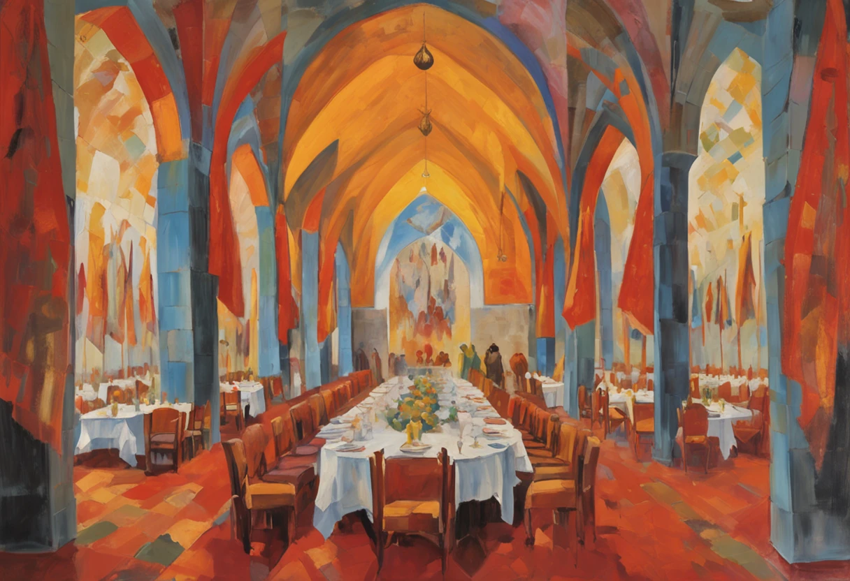 9th-century Arabian People dining and shockingly looking up surprised, inside a giant high-ceiling 9th-century Arabian castle dining room with flags curtains on all sides that have a lion printed on each one of them. a great beautiful lion jumping out of a flag curtain that has a lion printed on it