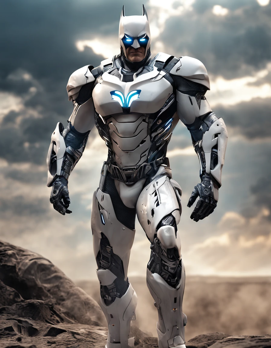 spectacular, Master parts, :The realistic White Batman focuses on the advanced cybernetic suit Orba Prima, high high quality ::n_Style drawing, Low-quality defects,