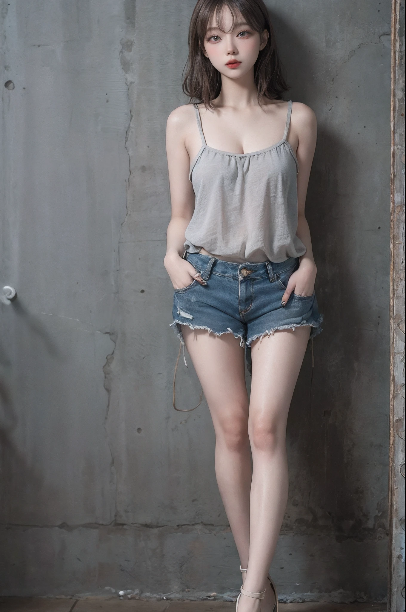 Top image quality、Raw photography、超A high resolution、An 18-year-old woman、Shooting for one person only、modelshoot、round breast、cleavage of the breast、Autumn clothes、Beautiful Eyes of Details、very elongated eyes、Beautiful eyelashes、Beautiful double eyelids、Gray walls、very slender legs、Shorthair with light brown hair、very slender physique、Very small buttocks