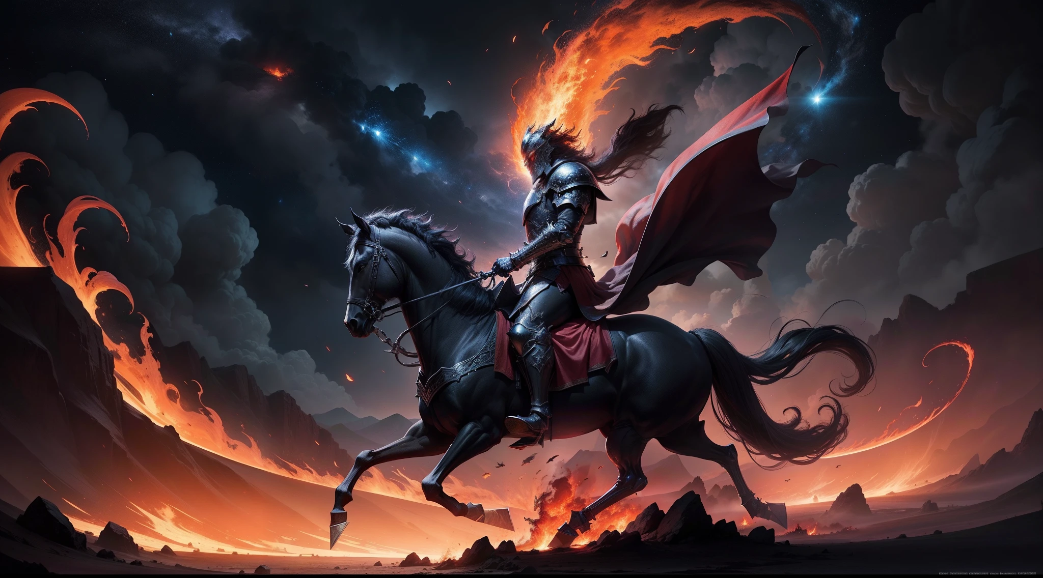 black knight riding a flaming horse, battlegrounds, starry red sky, dead knights, medieval fantasy, epic dreamlike fantasy, 4k highly detailed digital art, 4k hd matte digital painting