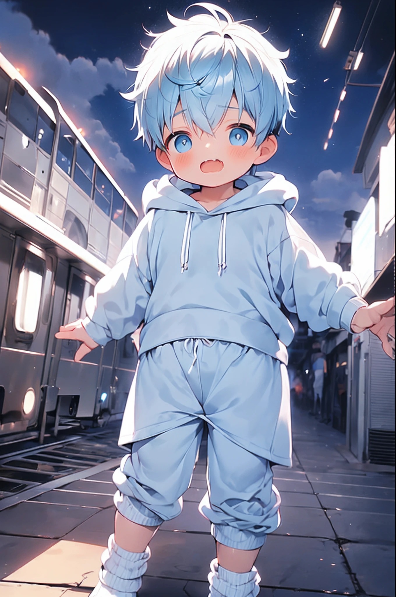 Chubby **********，Light blue hair and shiny blue eyes and white socks in a hoodie, and oversized sweatpants lying on the field, Blushing, Drooling, Young, Boy, child, small, toddlers, Sparks fall from the sky, Night, Dark, Soft light, (track pants:1.4), (Socks:1.4), (**********:1.4), (Shota:1.4),Male genitalia