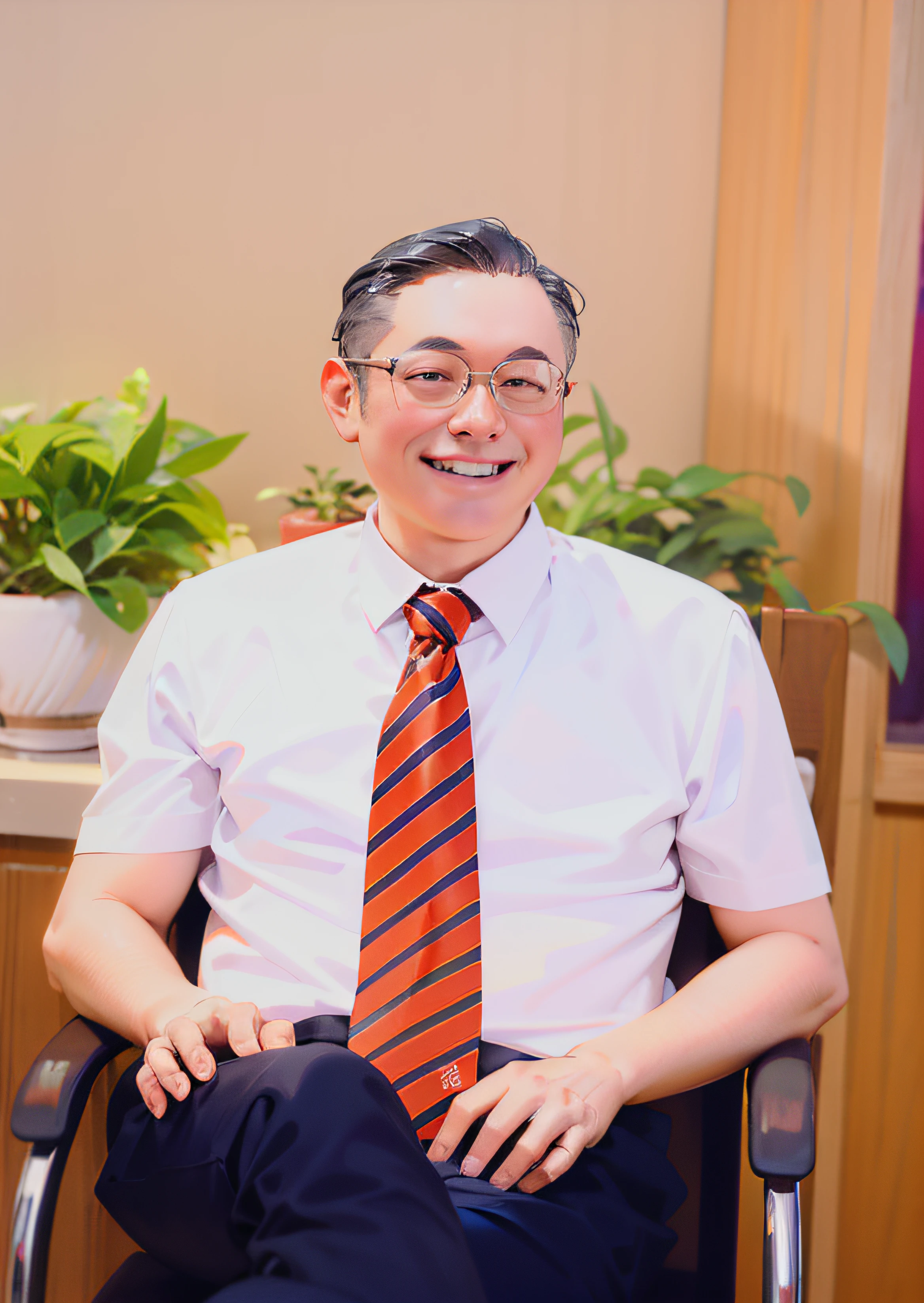 Smiling man sitting in chair in white shirt and tie, advanced digital chibi art, style as nendoroid, live2d virtual youtuber model, Anime boy, chibiStyle, anime styled 3d, anime chibi, anime style character, style of anime4 K, thancred waters in style of wlop, official character art, From Arknights, anime figure