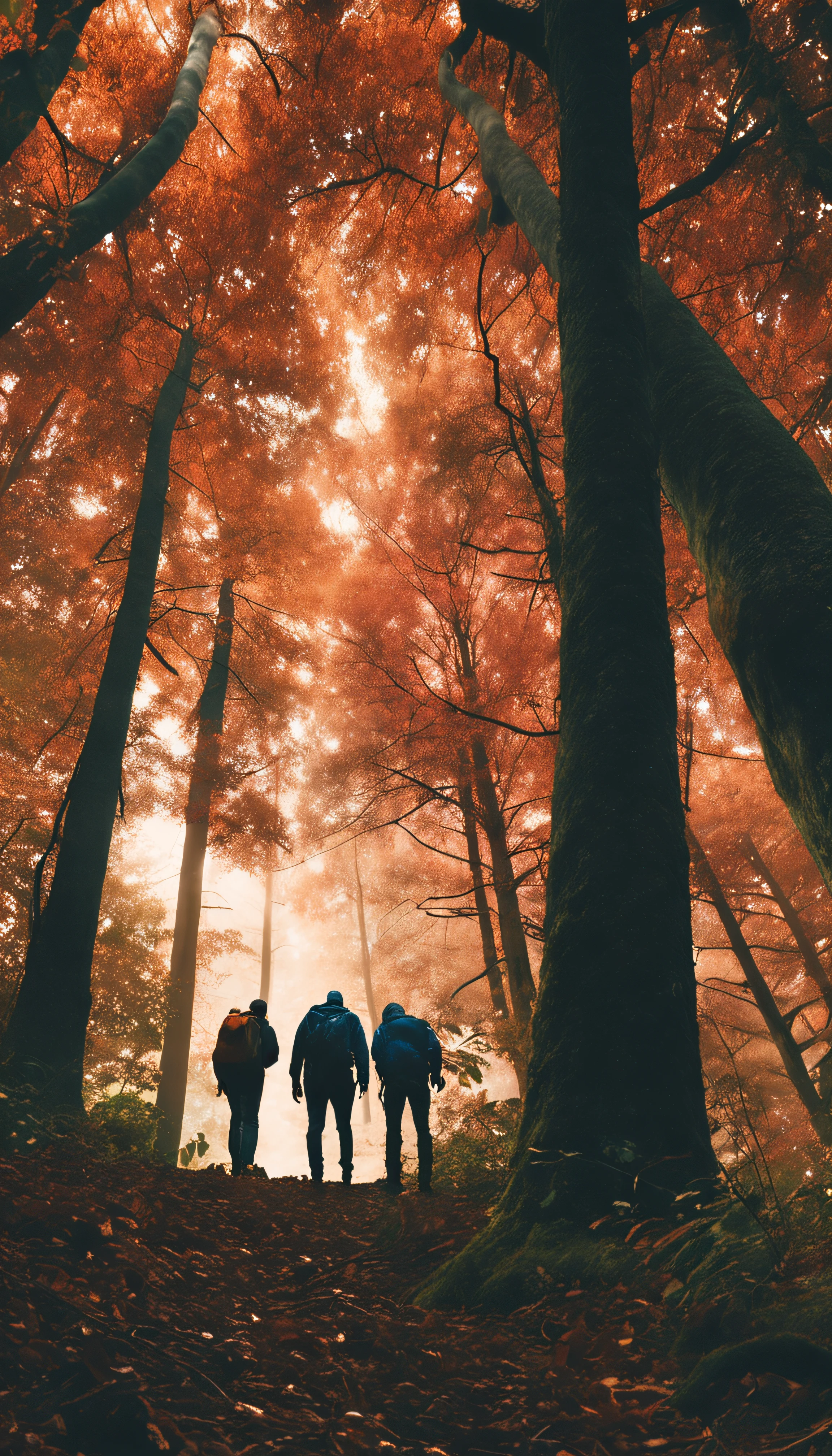 "people seen from behind in a lush forest:1.2, frontal lighting:1.2, dynamic low-angle view:1.2, high level of detail:1.2"