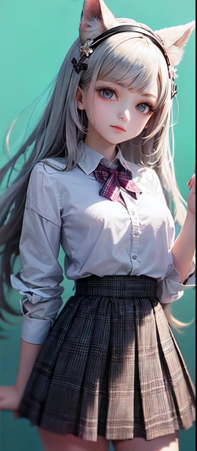 1girl, (masterpiece:1.1), (best quality:1.1), (white blouse:1.1), (plaid skirt:1.1), school uniform, high waist skirt, BREAK [blue:pink:0.5] theme, (gradient background:1.1 ), cowboy shot, BREAK silver hair, long hair,, green eyes, delicate headgear, looking sideways,