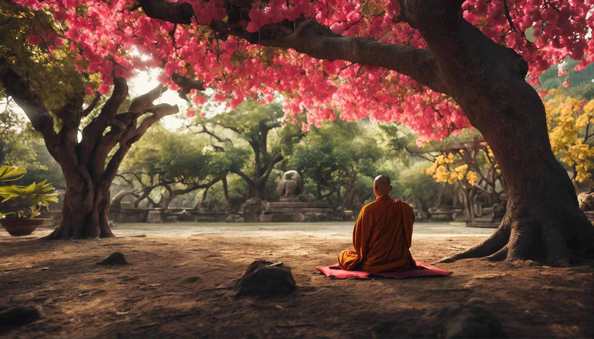 A Buddhist monk in meditation under the shade of an ancient tree in a quiet garden.