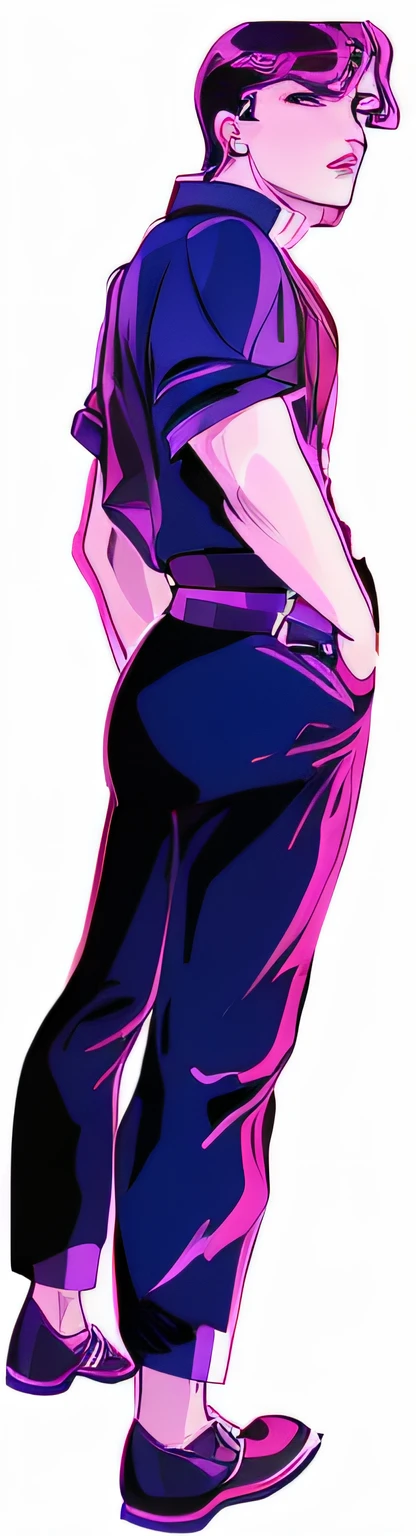 in style of digital illustration, inspired by Patrick Nagel, low details. Digital painting, digital art of an elegant, low res, author:patrick nagel, middle shot waist up, 2 d illustration, 2D illustration, posterized color, detailed fashion illustration, hyper detail illustration,Black purple style,Dark line drawings