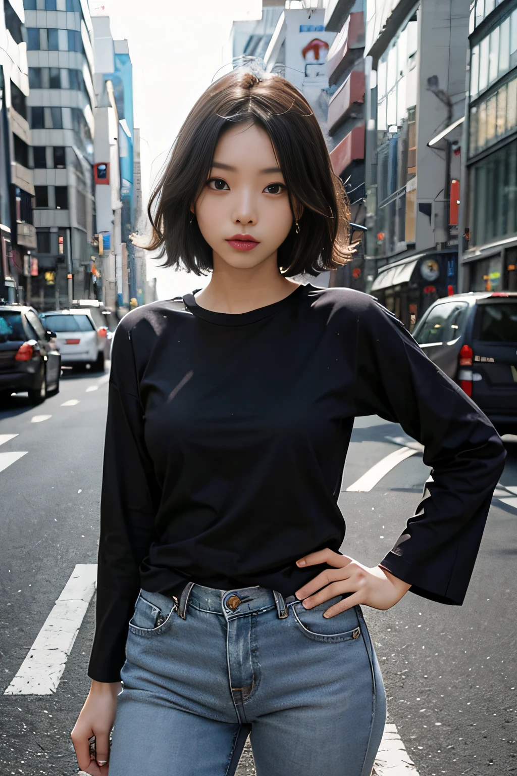 (​masterpiece、top-quality、top-quality、raw、A hyper-realistic)、Urban cityscape、Shibuya cityscape、a handsome、twinks、(((A cute Japanese woman)))、A slender、(((Please wear a plain black long-sleeved T-shirt all over your body)))、((whole body visible))、(Stand up and straight in front)、Wearing jeans、ighly detailed、colourfull、highestdetailed