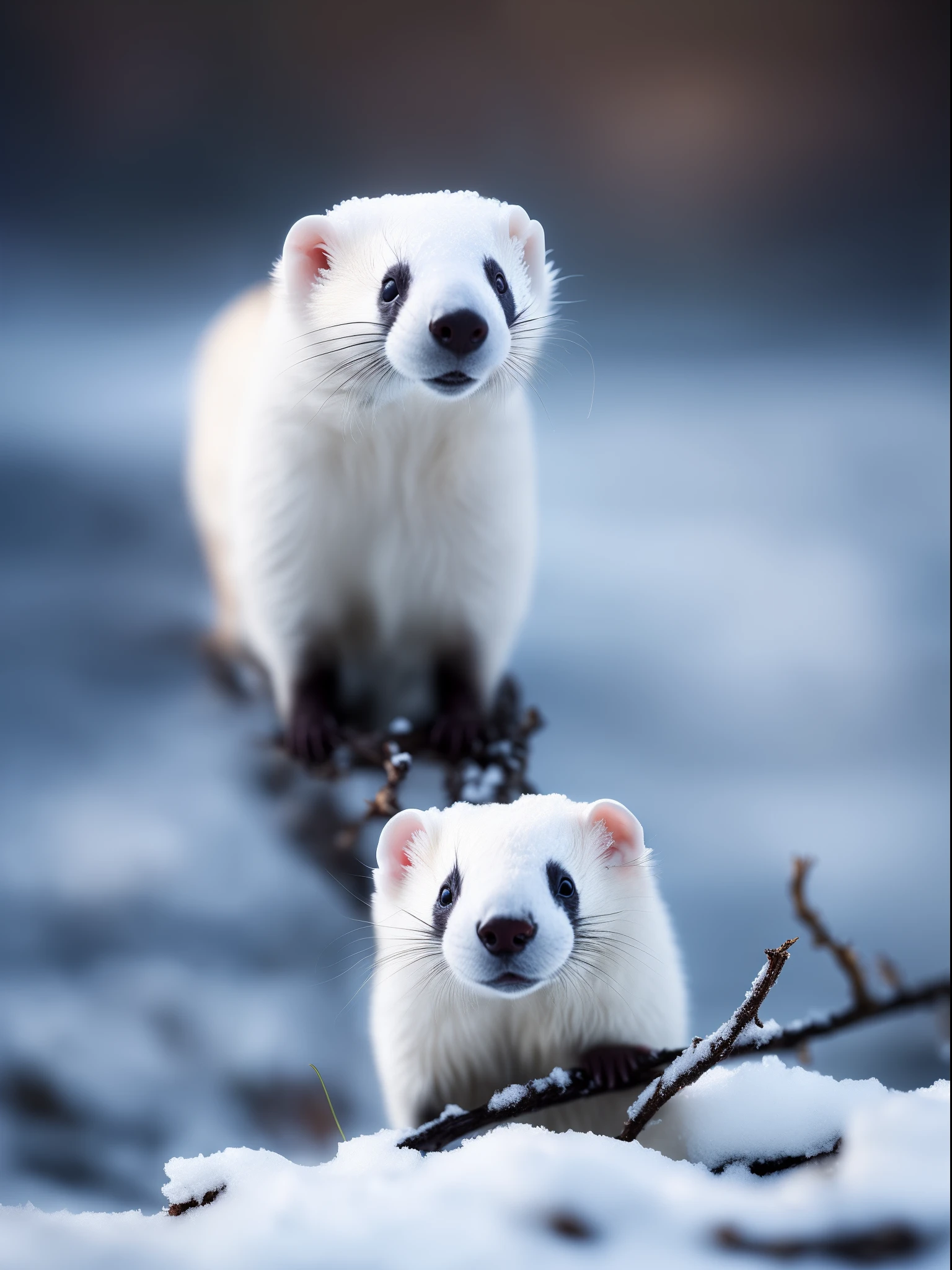 A white ferret stands on the snow,There is a ferret next to the dry branch,There are several pink flowers on the snow,It's snowing, RAW photo, (8K、top-quality、tmasterpiece:1.2)、(intricately details:1.4)、(Photorealsitic:1.4)、Complex 3D Rendering Ultra Detail, vibrant detail, super detailing, Photorealsitic