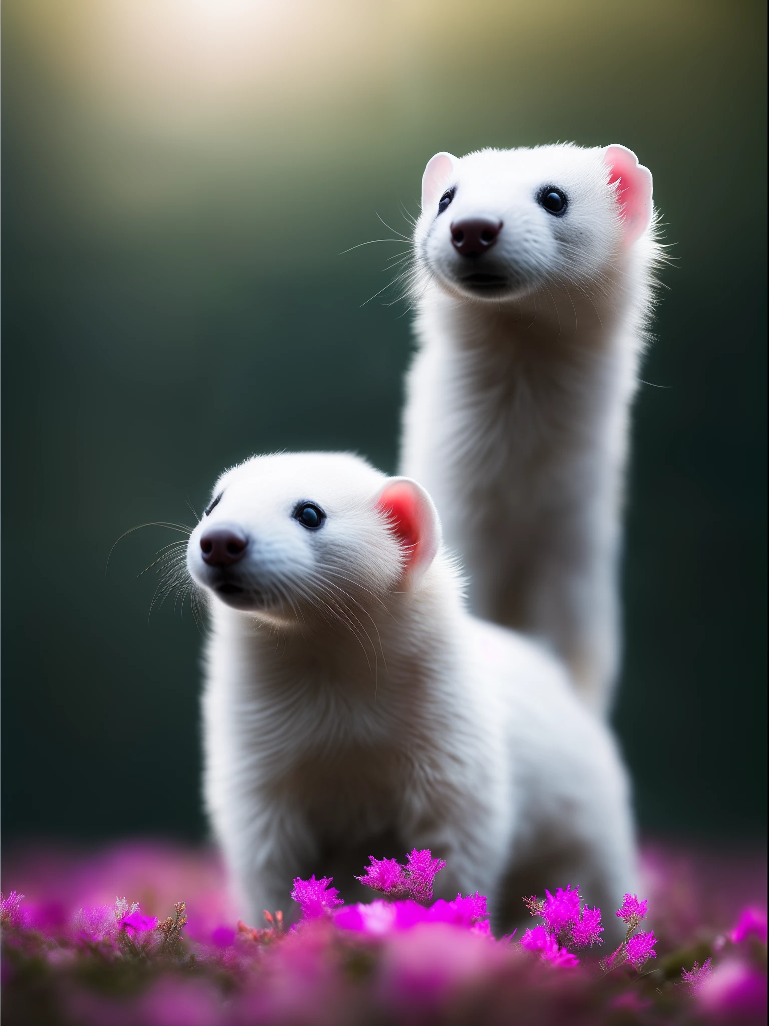 A white ferret stands on the snow,There is a ferret next to the dry branch,There are several pink flowers on the snow,It's snowing, RAW photo, (8K、top-quality、tmasterpiece:1.2)、(intricately details:1.4)、(Photorealsitic:1.4)、Complex 3D Rendering Ultra Detail, vibrant detail, super detailing, Photorealsitic
